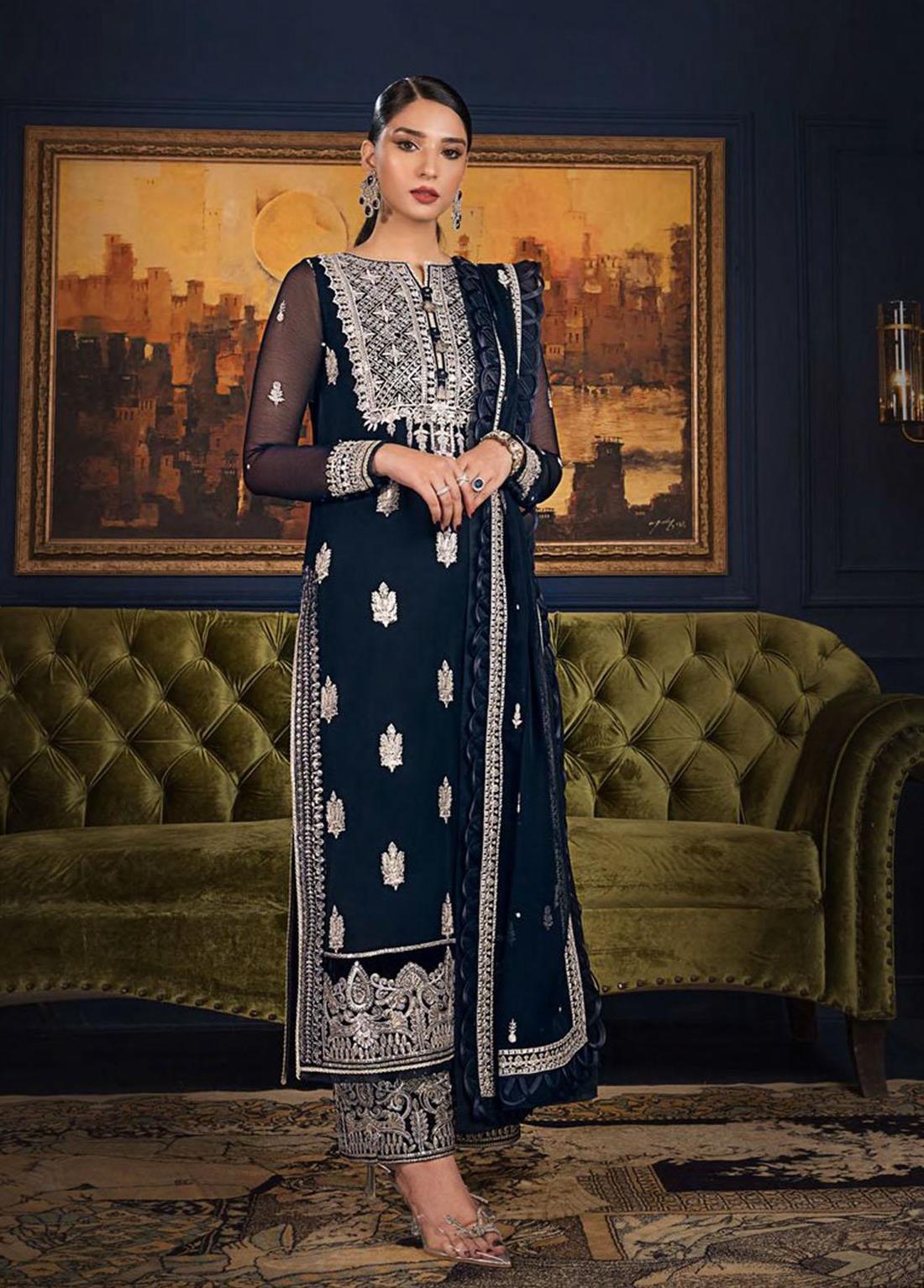 Navy Blue Sequinned Chiffon Designer Velvet with Silk Trouser Stitched Suit