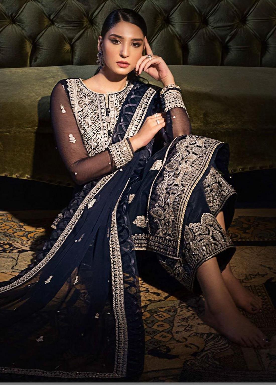 Navy Blue Sequinned Chiffon Designer Velvet with Silk Trouser Stitched Suit