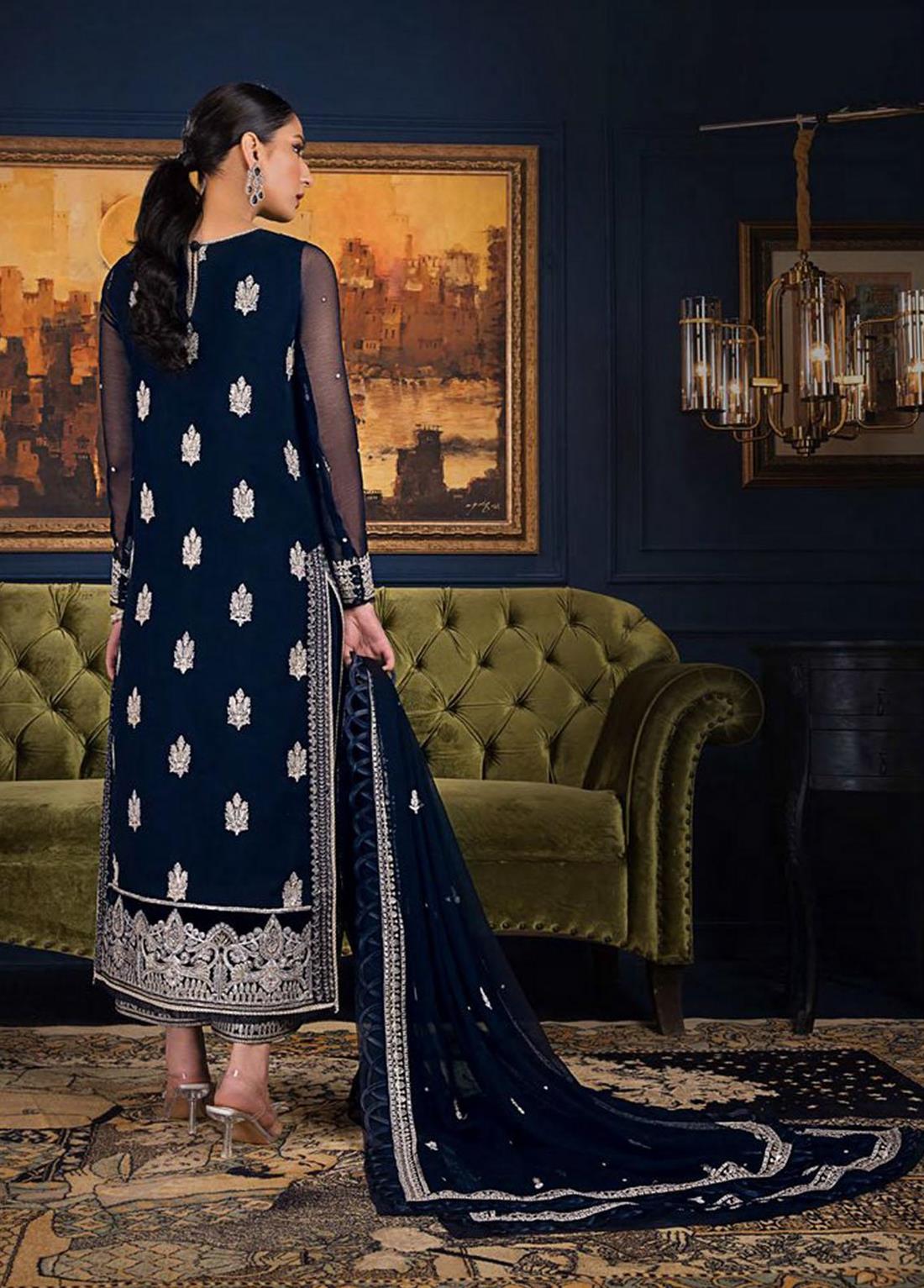 Navy Blue Sequinned Chiffon Designer Velvet with Silk Trouser Stitched Suit