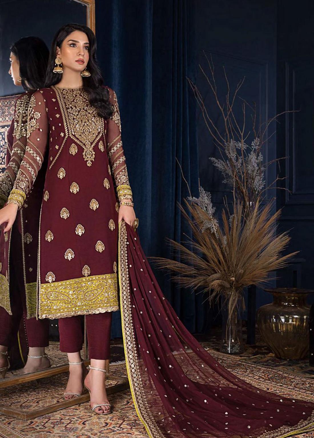 Deep Maroon Sequinned Chiffon Straight-Cut Ladies Readymade