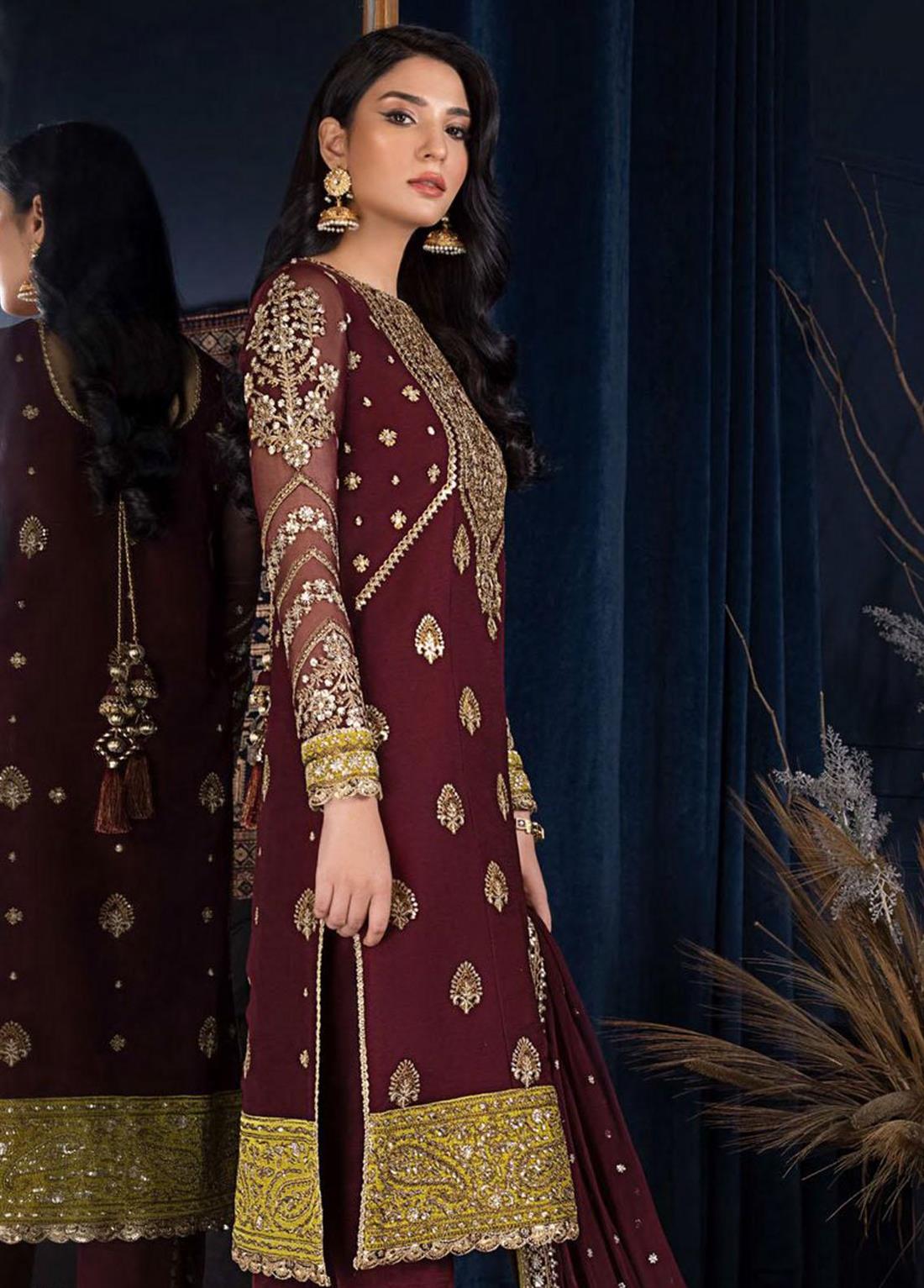 Deep Maroon Sequinned Chiffon Straight-Cut Ladies Readymade