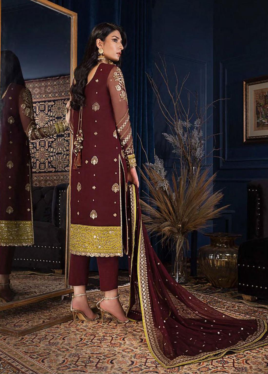 Deep Maroon Sequinned Chiffon Straight-Cut Ladies Readymade