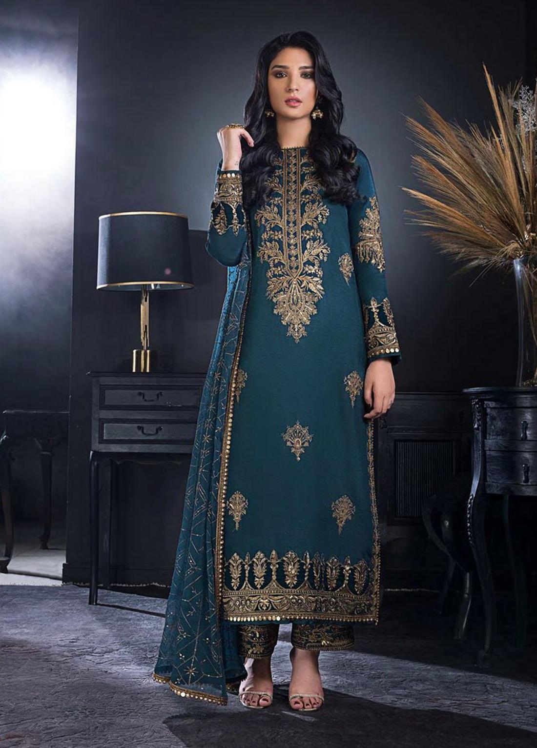 Deep Teal Sequinned Chiffon Ladies Readymade