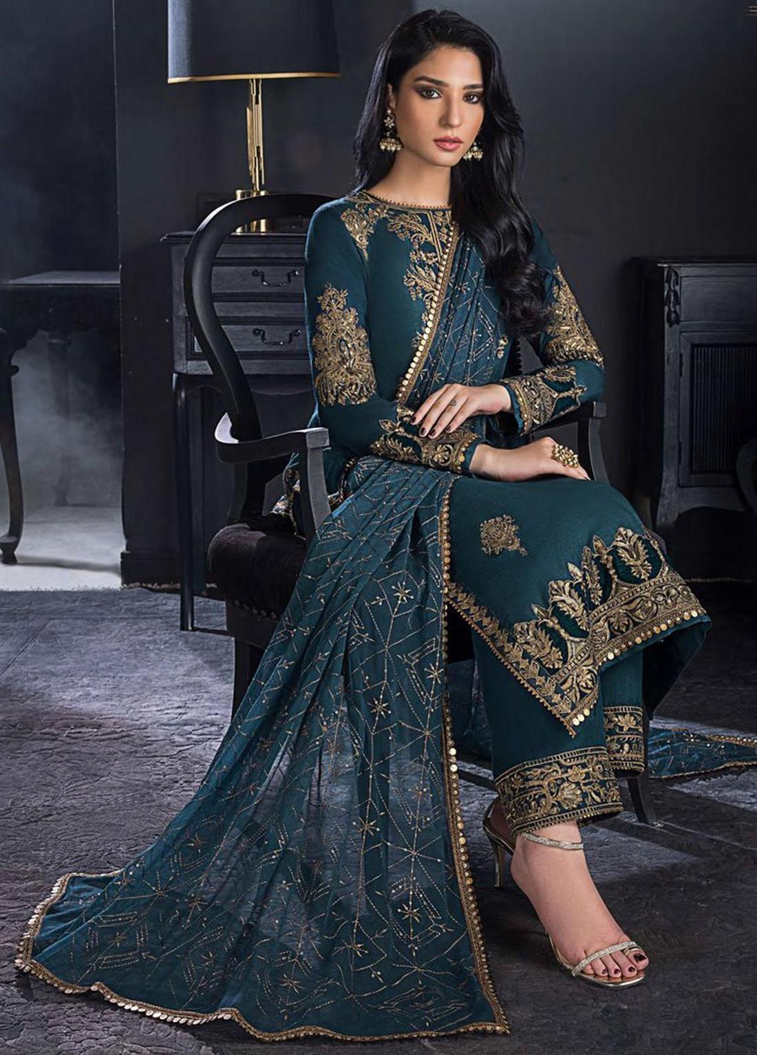 Deep Teal Sequinned Chiffon Ladies Readymade