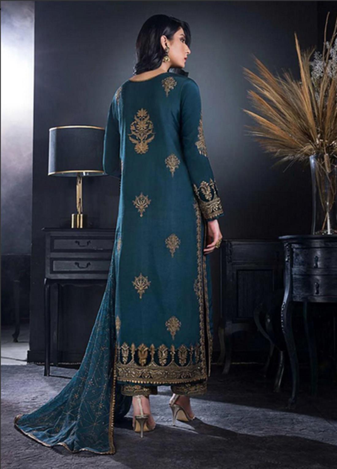 Deep Teal Sequinned Chiffon Ladies Readymade