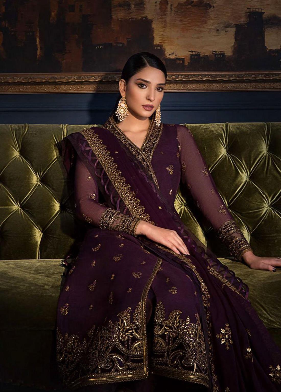 Dark Purple Sequinned Chiffon Ladies Readymade