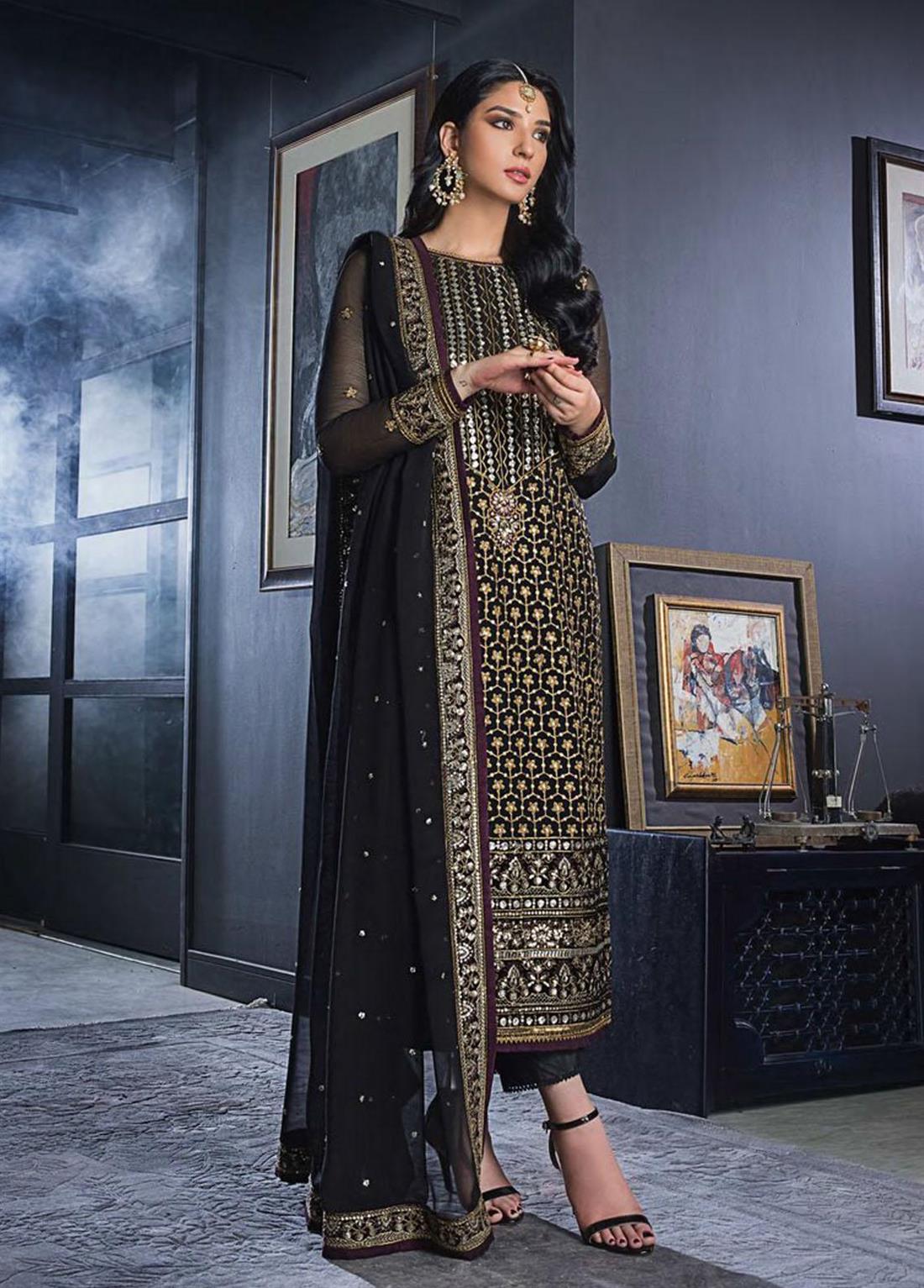 Black Sequinned Chiffon Embroidered Balck Velvet 3 Piece Suit