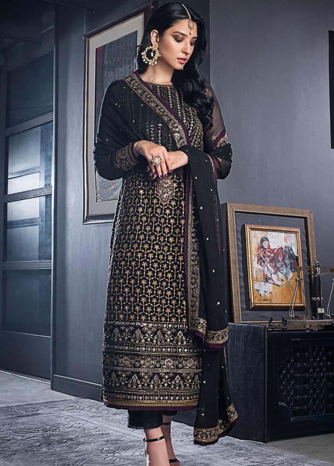 Black Sequinned Chiffon Embroidered Balck Velvet 3 Piece Suit