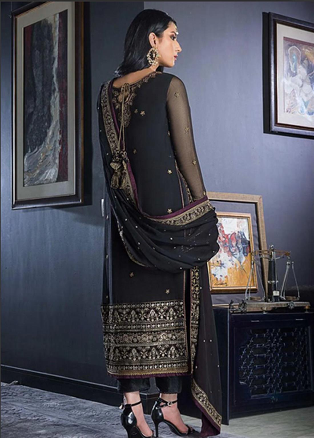Black Sequinned Chiffon Embroidered Balck Velvet 3 Piece Suit