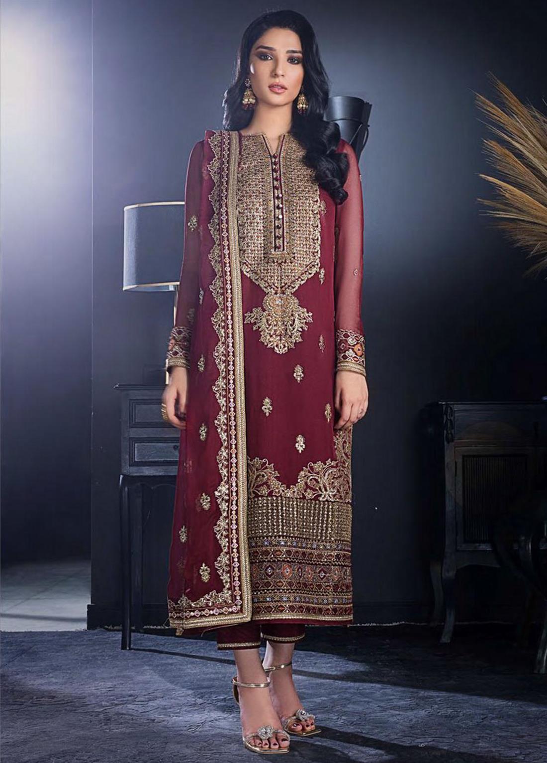 Maroon Embroidered Suit - Chiffon Dupatta and Dyed Silk Trouser