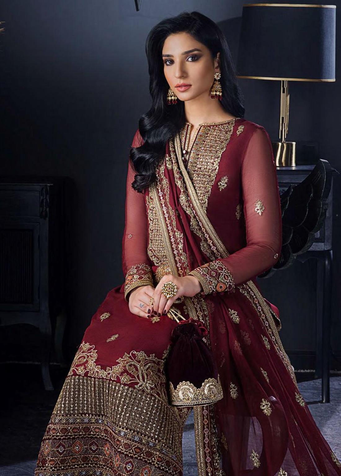 Maroon Embroidered Suit - Chiffon Dupatta and Dyed Silk Trouser