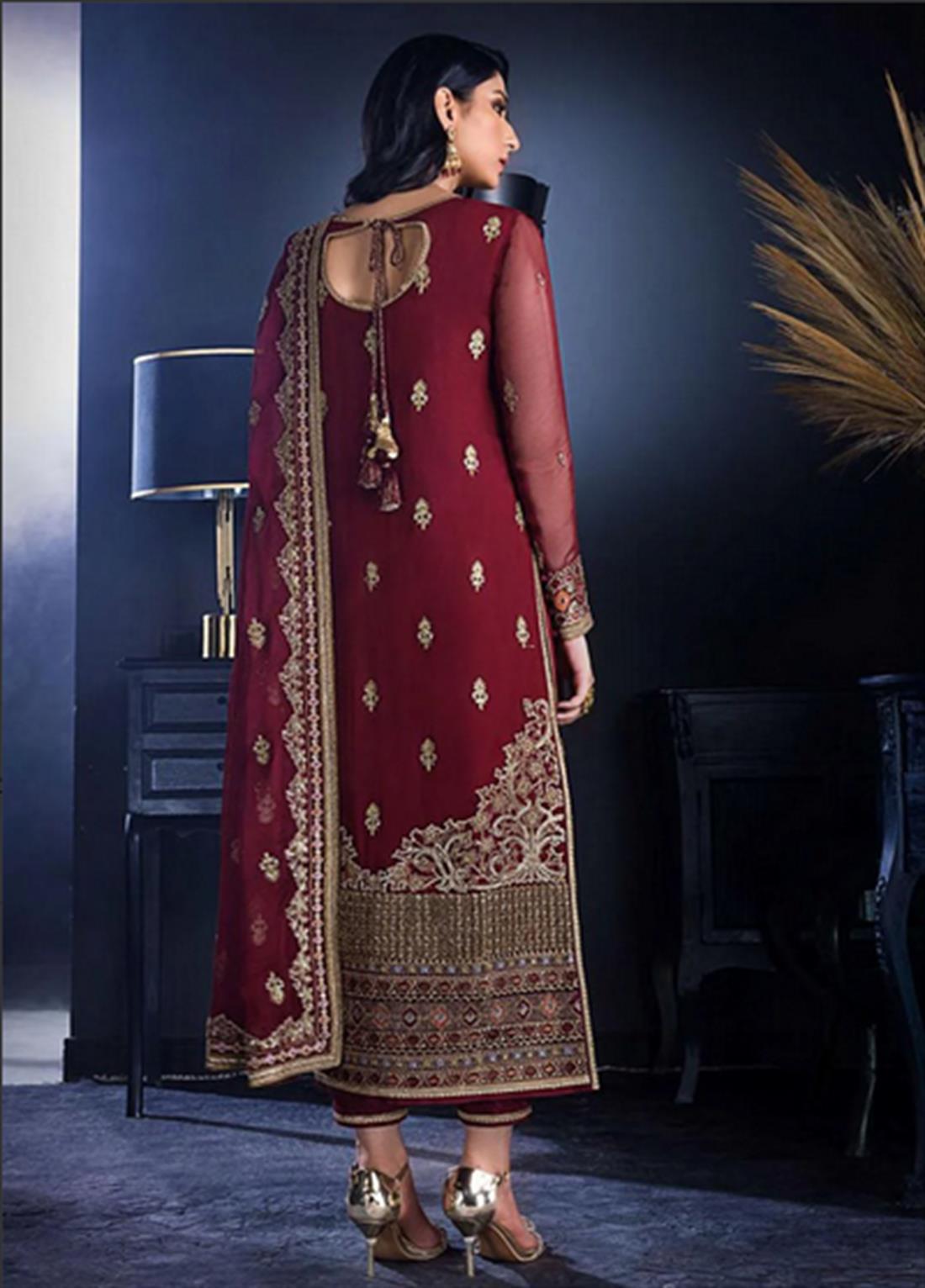 Maroon Embroidered Suit - Chiffon Dupatta and Dyed Silk Trouser
