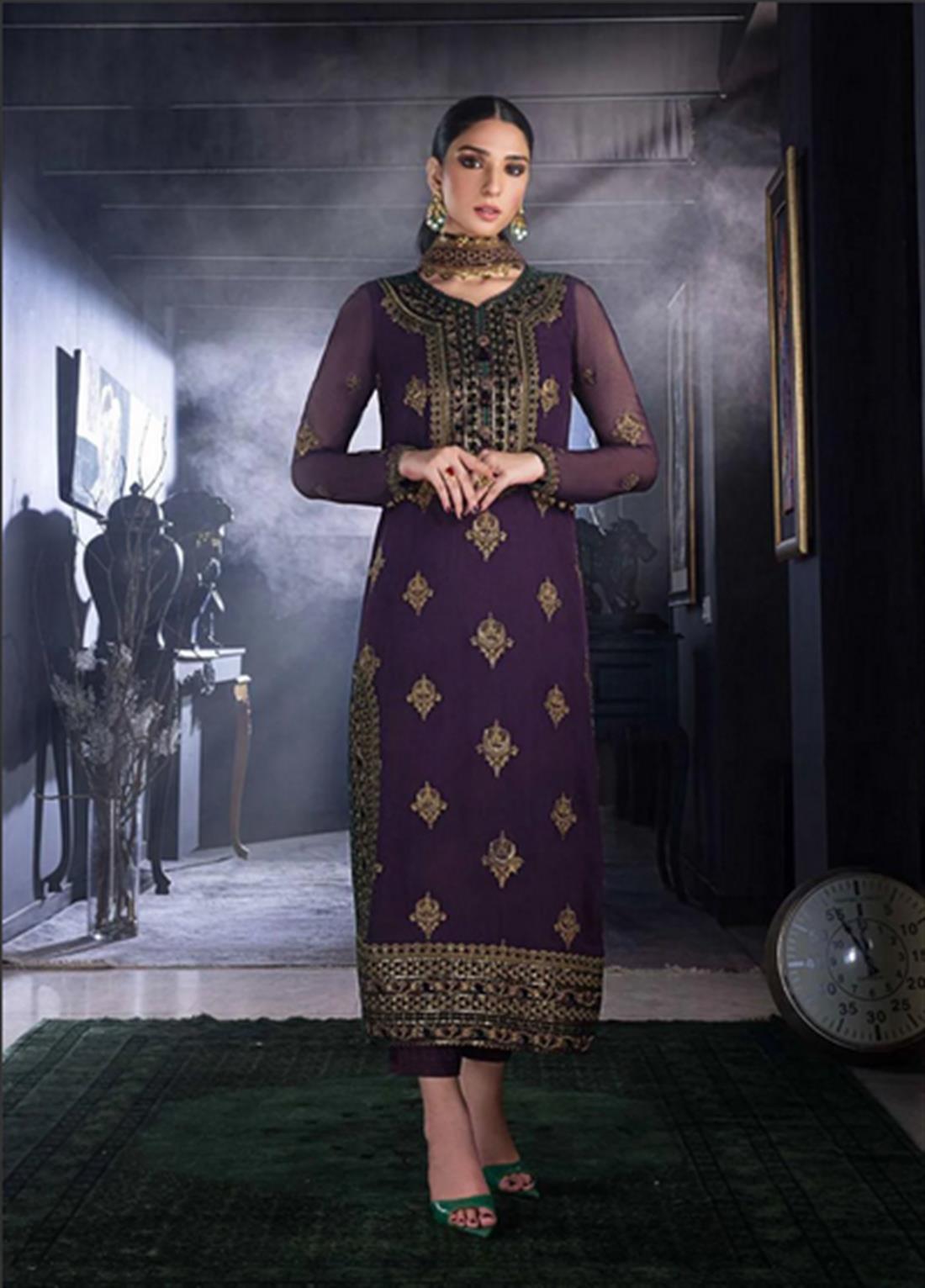 Plum Embroidered Suit - Chiffon Dupatta and Dyed Silk Pants