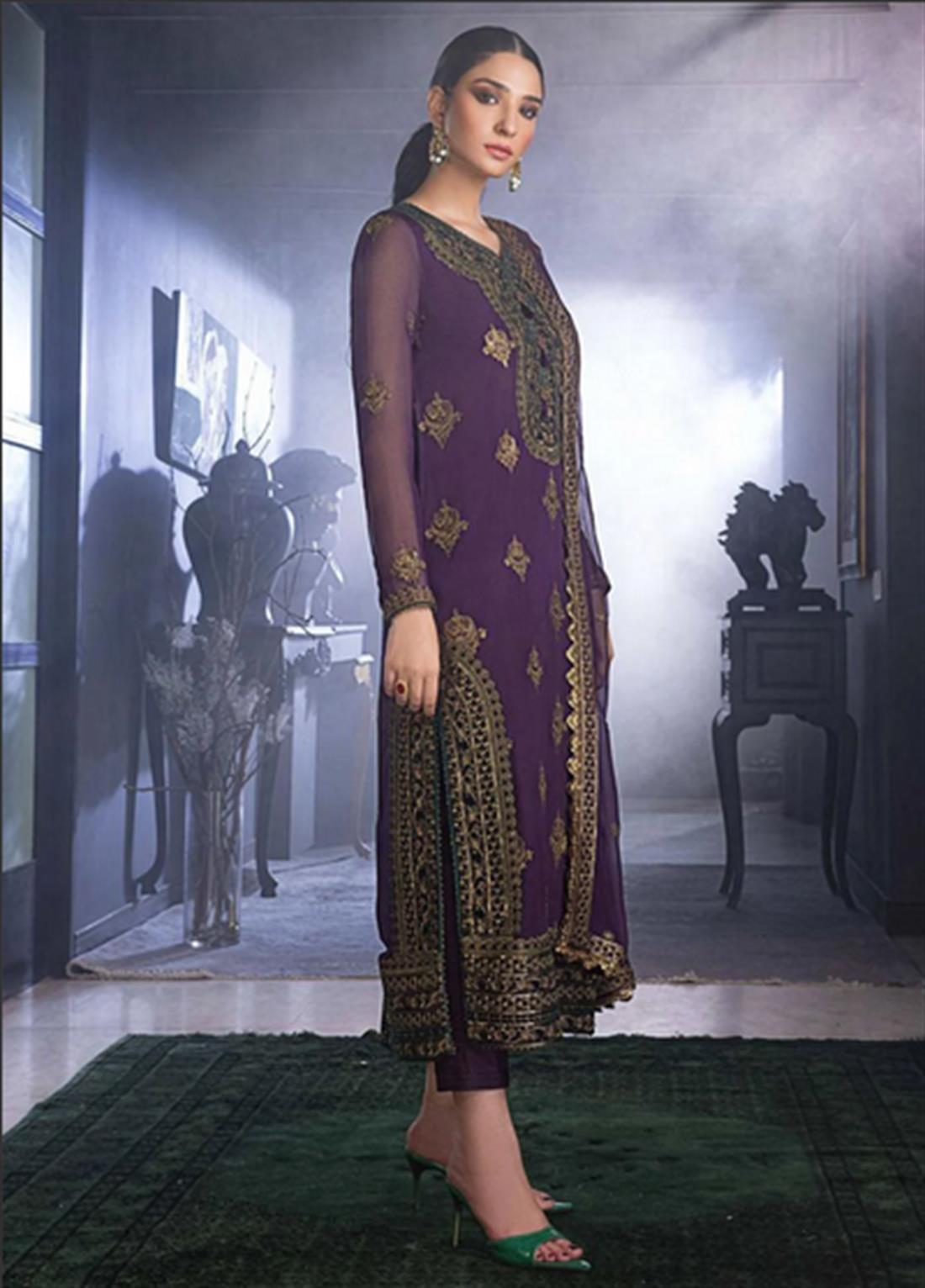 Plum Embroidered Suit - Chiffon Dupatta and Dyed Silk Pants