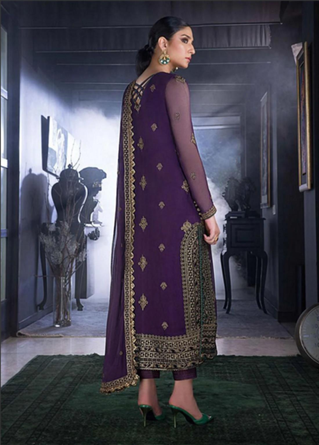 Plum Embroidered Suit - Chiffon Dupatta and Dyed Silk Pants