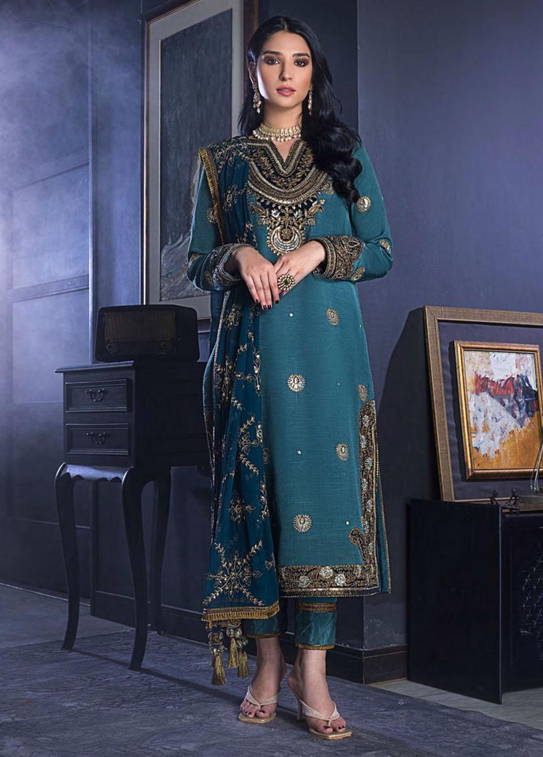 Teal Green Sequinned Chiffon - Pakistani Designer Asim Jofa Suit