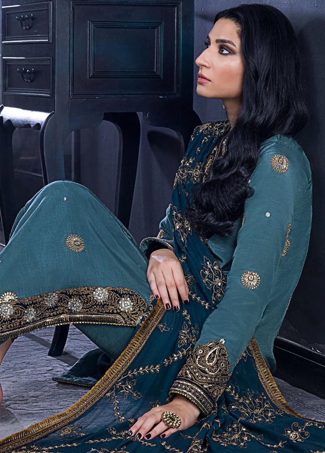 Teal Green Sequinned Chiffon - Pakistani Designer Asim Jofa Suit