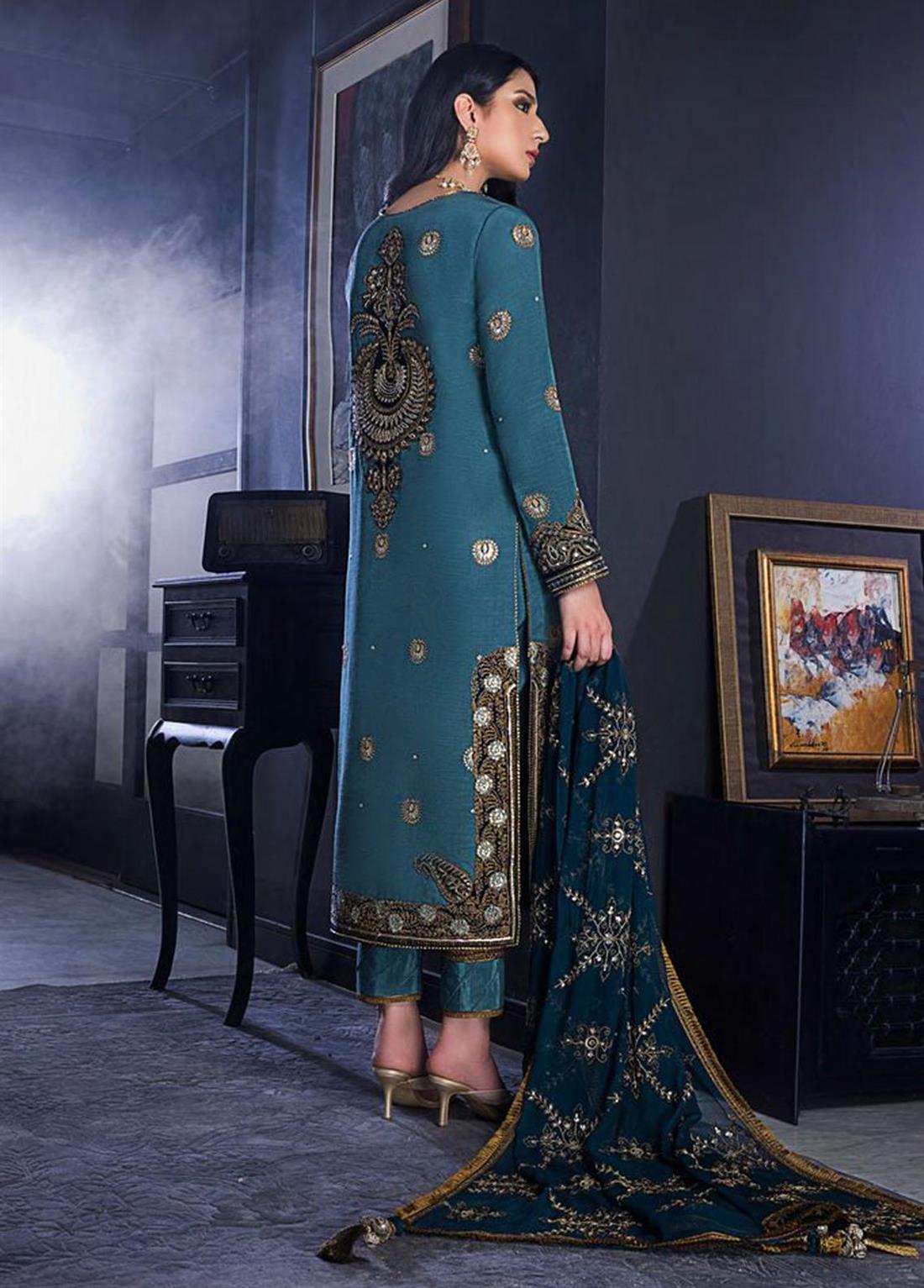 Teal Green Sequinned Chiffon - Pakistani Designer Asim Jofa Suit