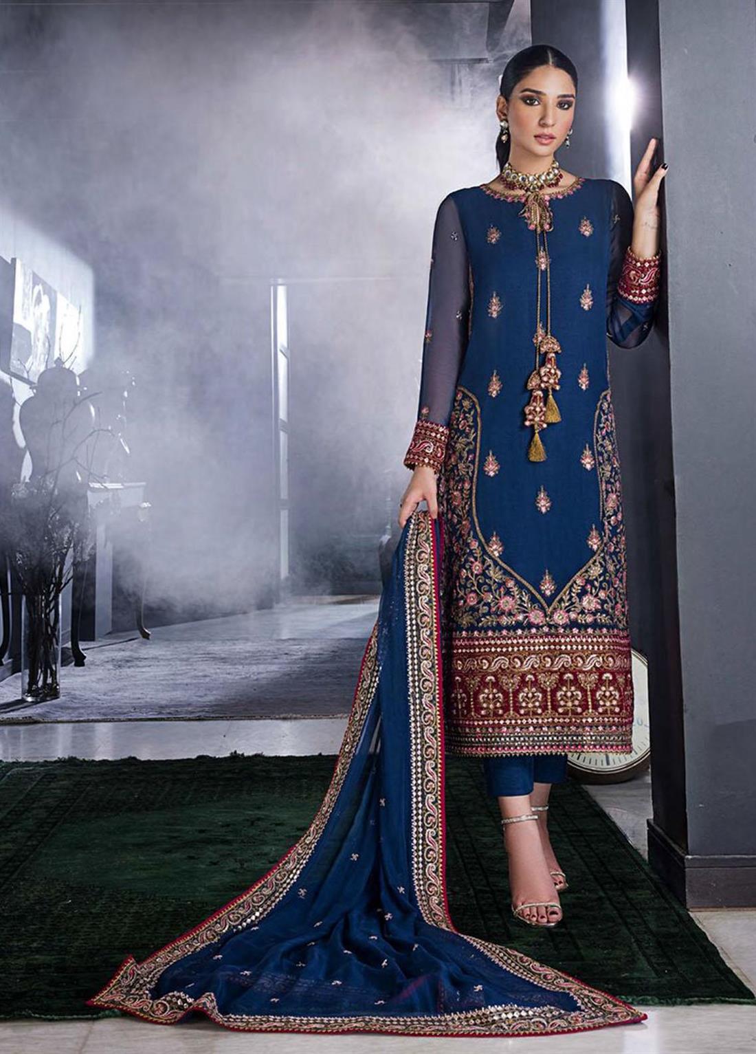 Deep Cobalt Blue Sequinned Pakistani Designer Embroidered Shirt with Chiffon Dupatta