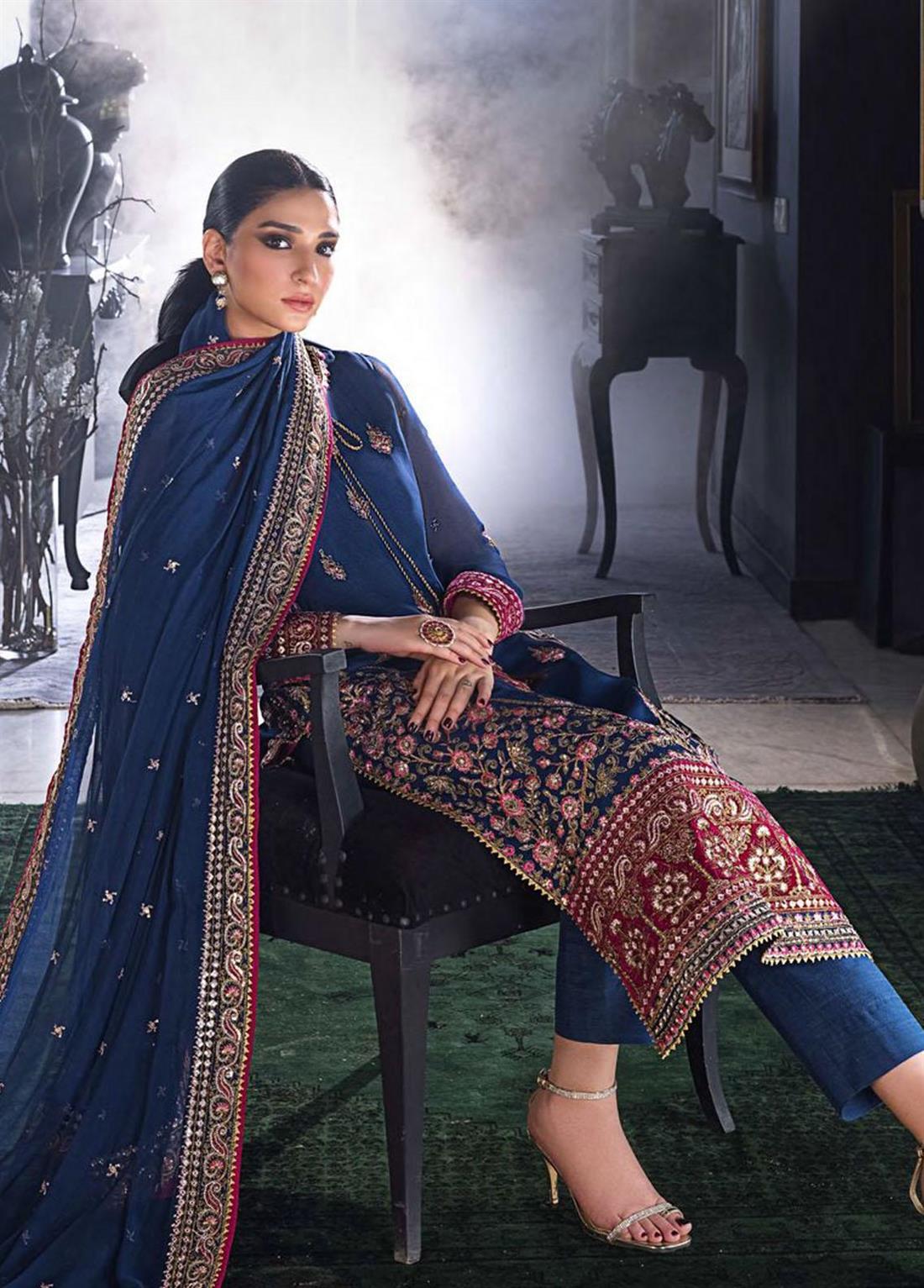 Deep Cobalt Blue Sequinned Pakistani Designer Embroidered Shirt with Chiffon Dupatta