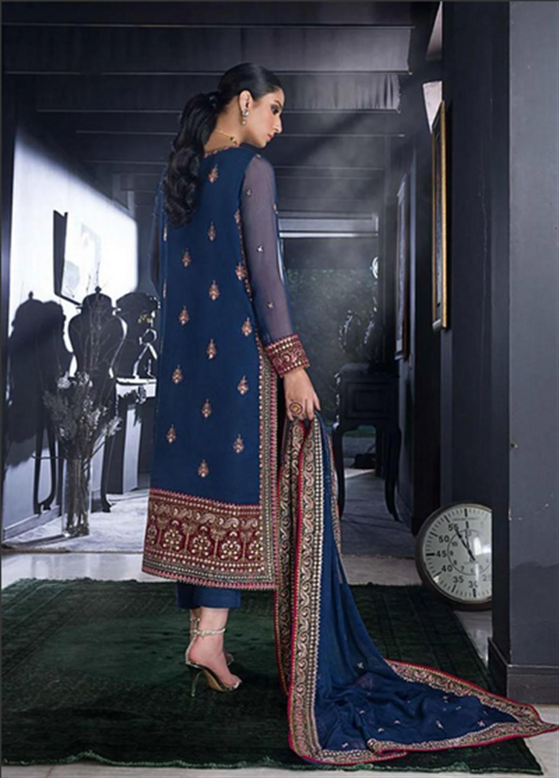 Deep Cobalt Blue Sequinned Pakistani Designer Embroidered Shirt with Chiffon Dupatta