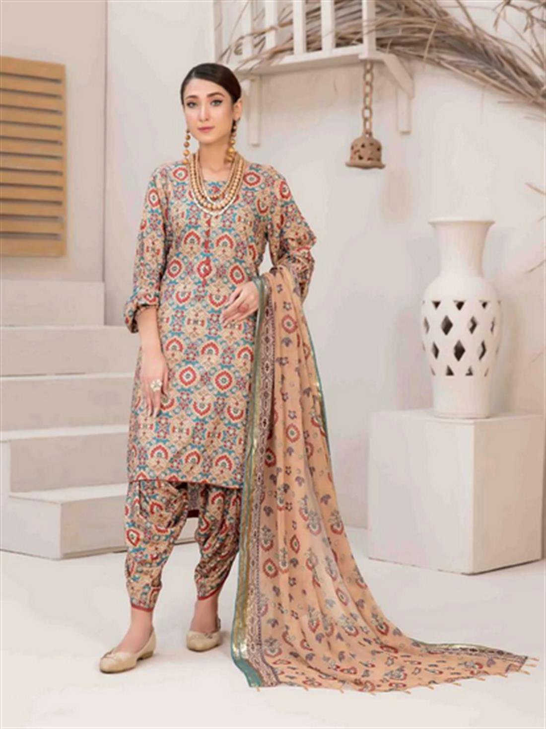 Beige & Multicolour Digital Print Chiffon 3 Piece Ready-to-wear Printed Linen Salwar Kameez