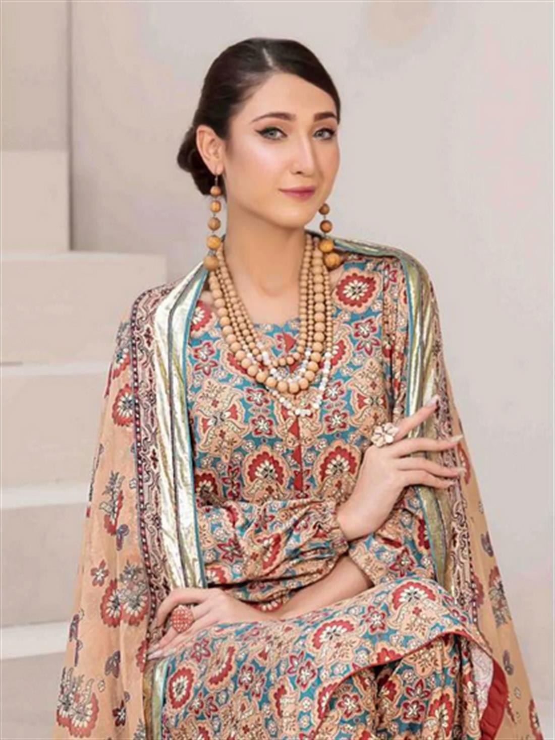 Beige & Multicolour Digital Print Chiffon 3 Piece Ready-to-wear Printed Linen Salwar Kameez