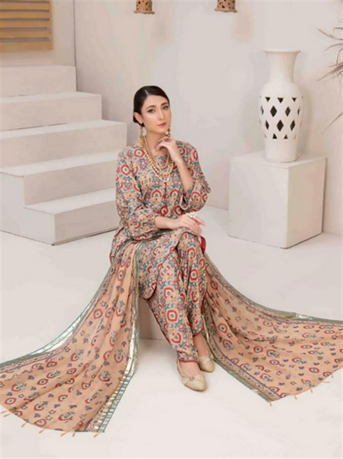 Beige & Multicolour Digital Print Chiffon 3 Piece Ready-to-wear Printed Linen Salwar Kameez