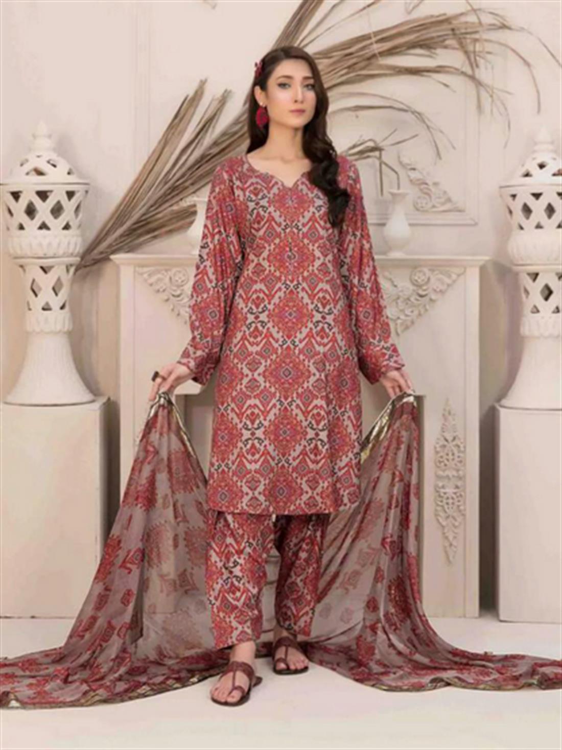 Grey & Multicolour Digital Printed Chiffon Dupatta – Linen Shalwar Suit