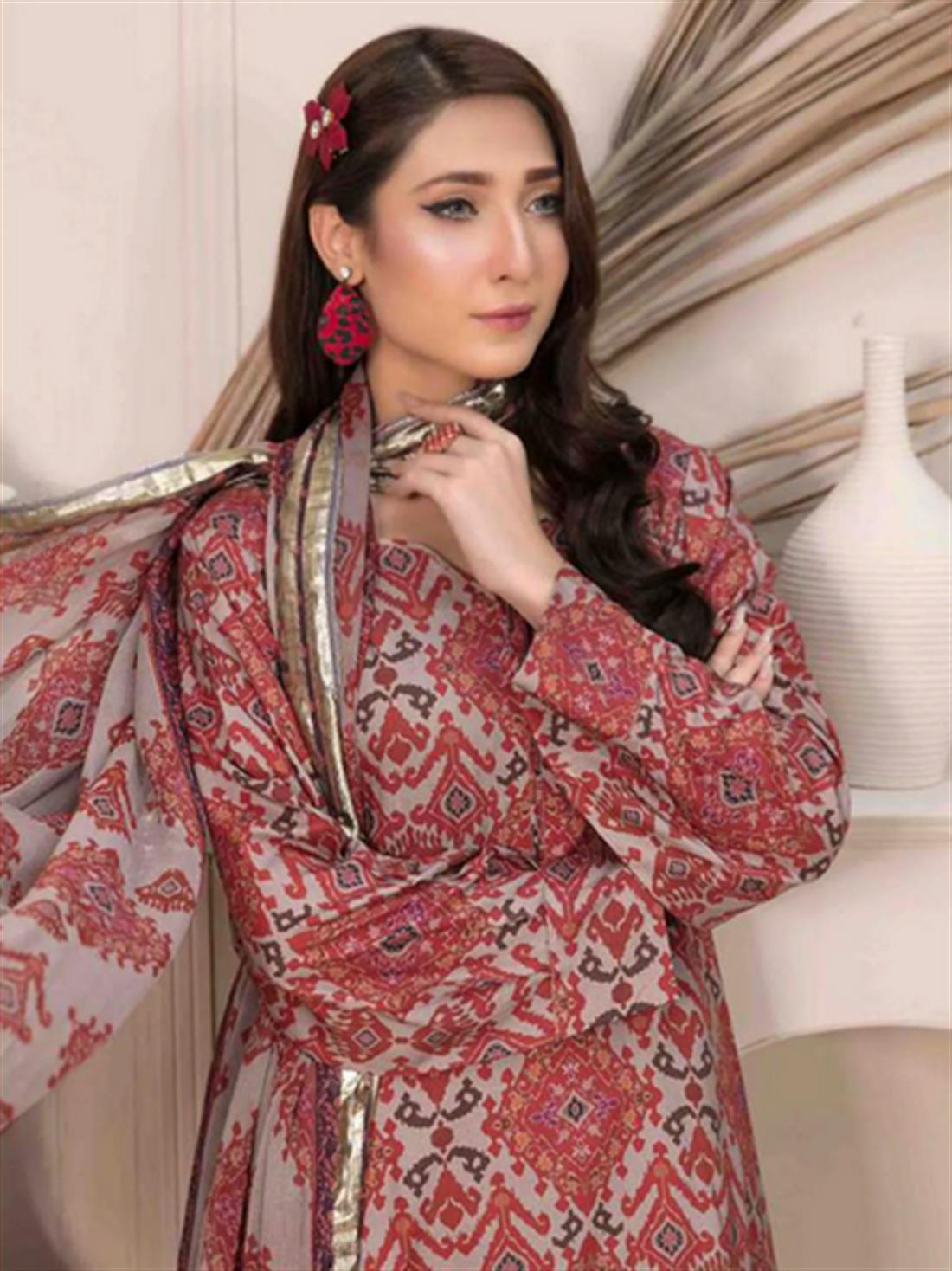 Grey & Multicolour Digital Printed Chiffon Dupatta – Linen Shalwar Suit