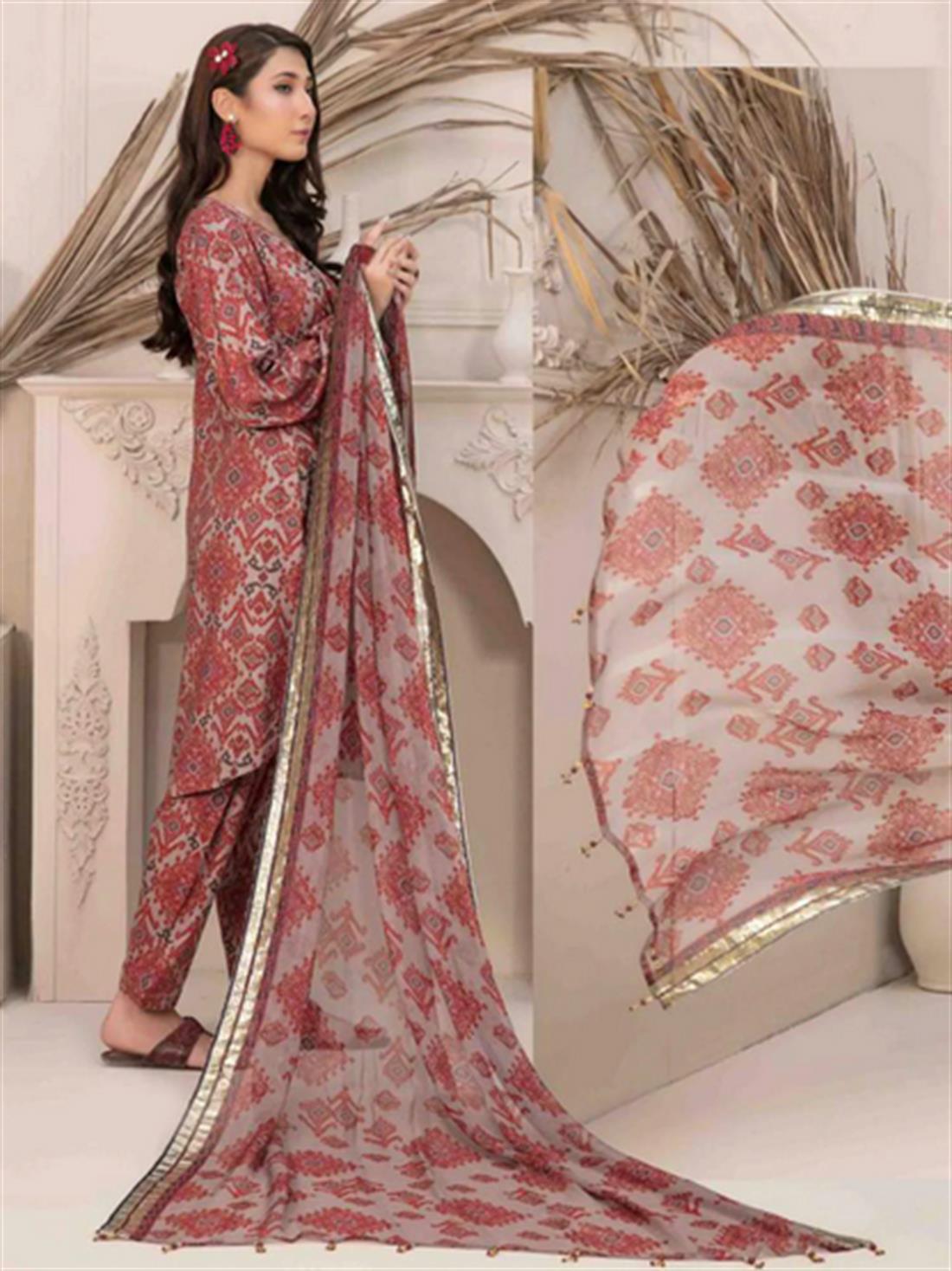 Grey & Multicolour Digital Printed Chiffon Dupatta – Linen Shalwar Suit