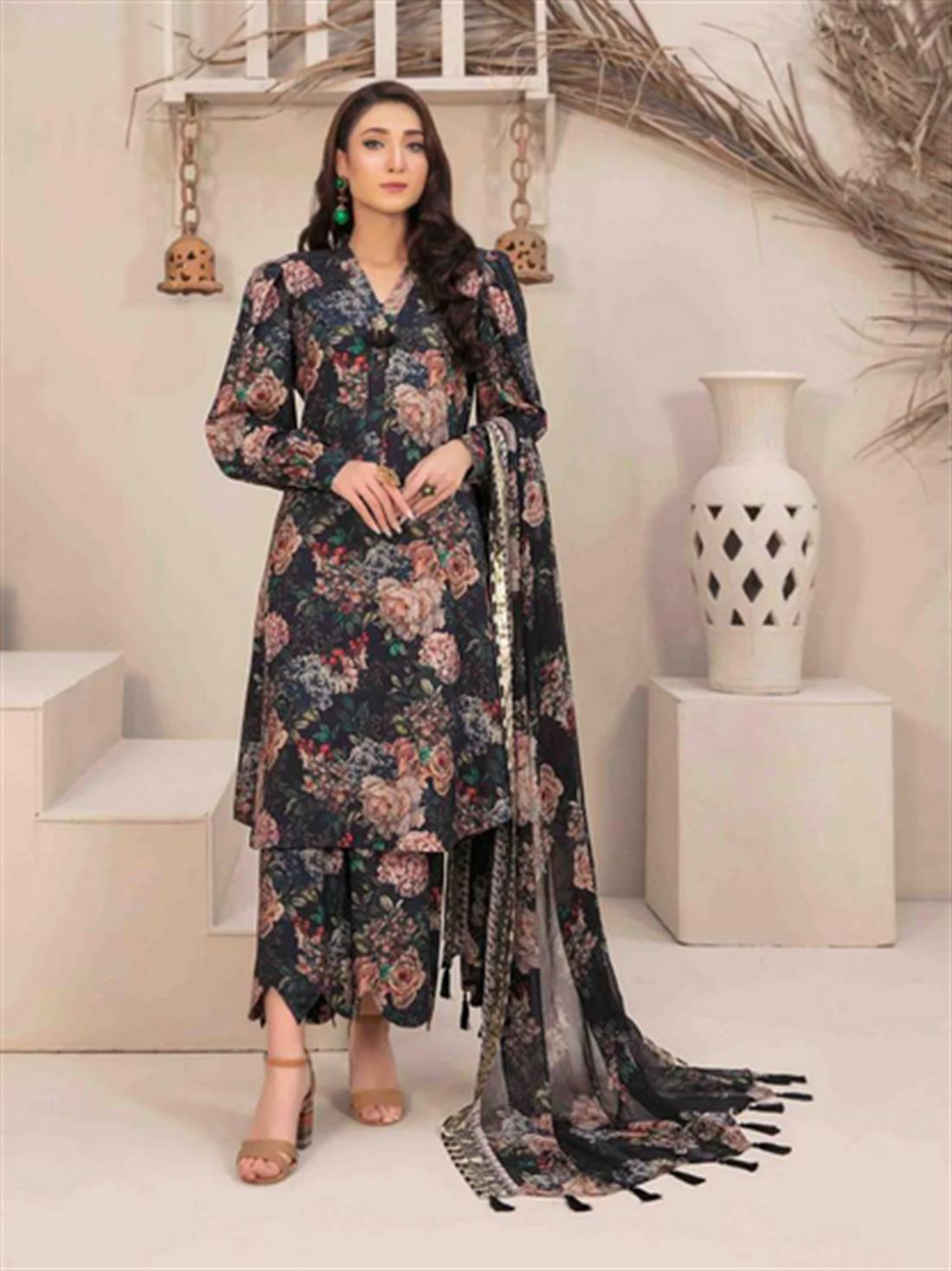 Multicolour Chiffon Digital Printed Linen Shirt with Pakistan Salwar and Dupatta