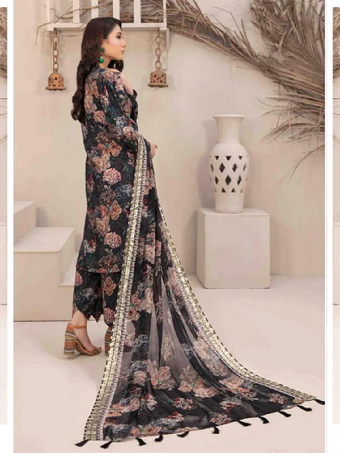 Multicolour Chiffon Digital Printed Linen Shirt with Pakistan Salwar and Dupatta