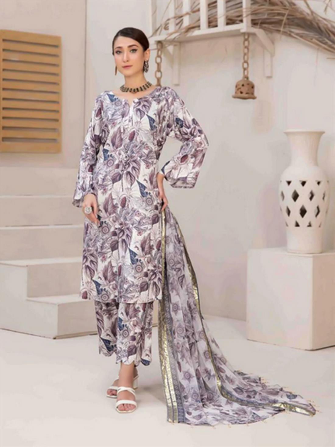 Off White & Multicolour Digital Print Chiffon Tawakkal Linen 3 Piece Ready to Wear Salwar Suit with Shirt