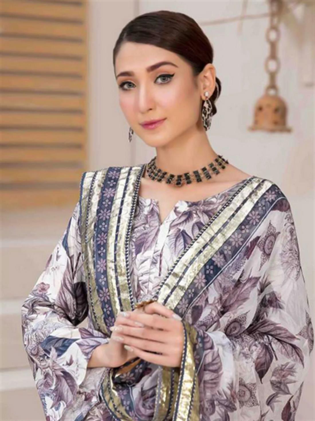 Off White & Multicolour Digital Print Chiffon Tawakkal Linen 3 Piece Ready to Wear Salwar Suit with Shirt