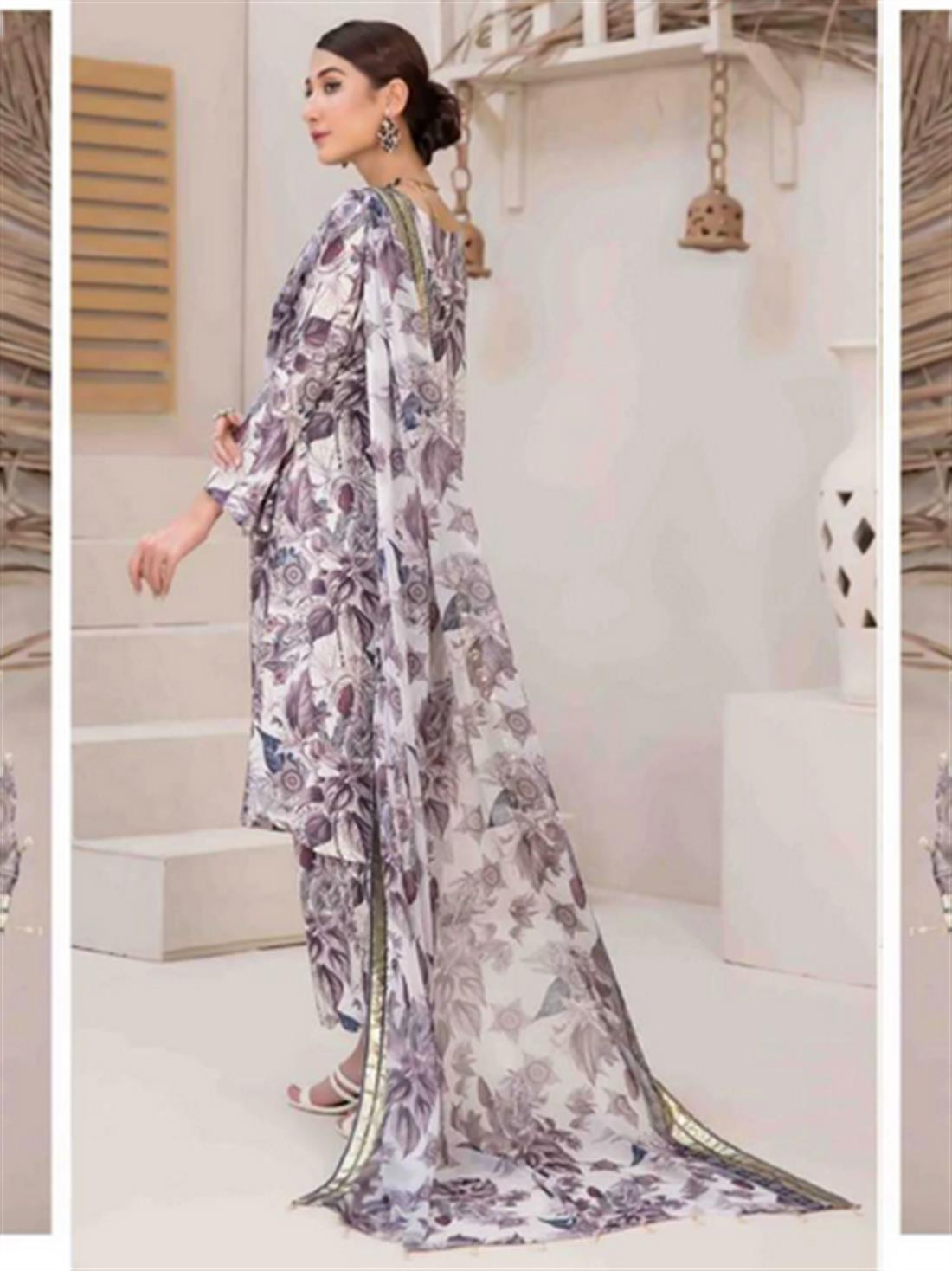 Off White & Multicolour Digital Print Chiffon Tawakkal Linen 3 Piece Ready to Wear Salwar Suit with Shirt
