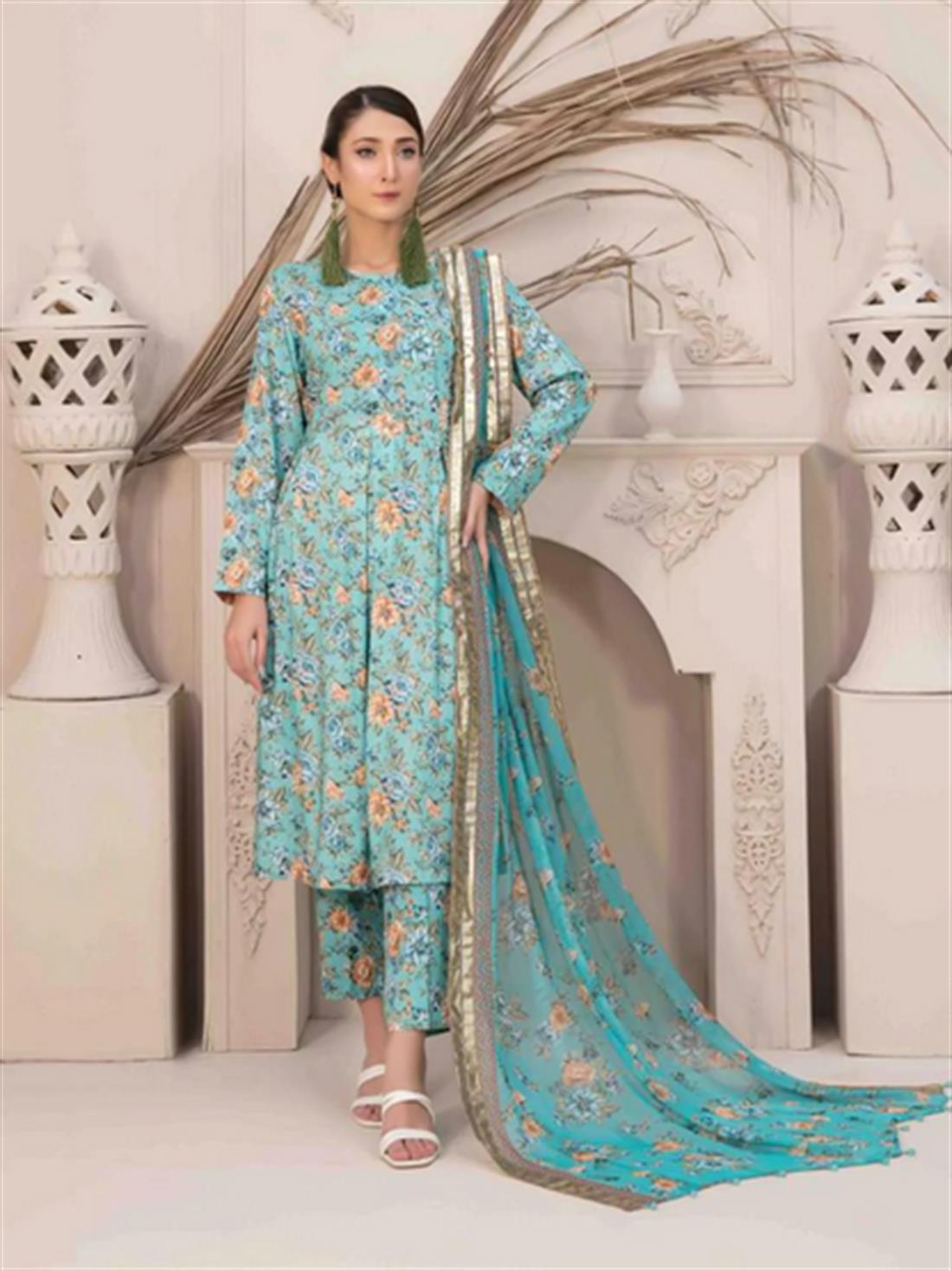 Aqua Blue Digital Print Chiffon Ladies Readymade