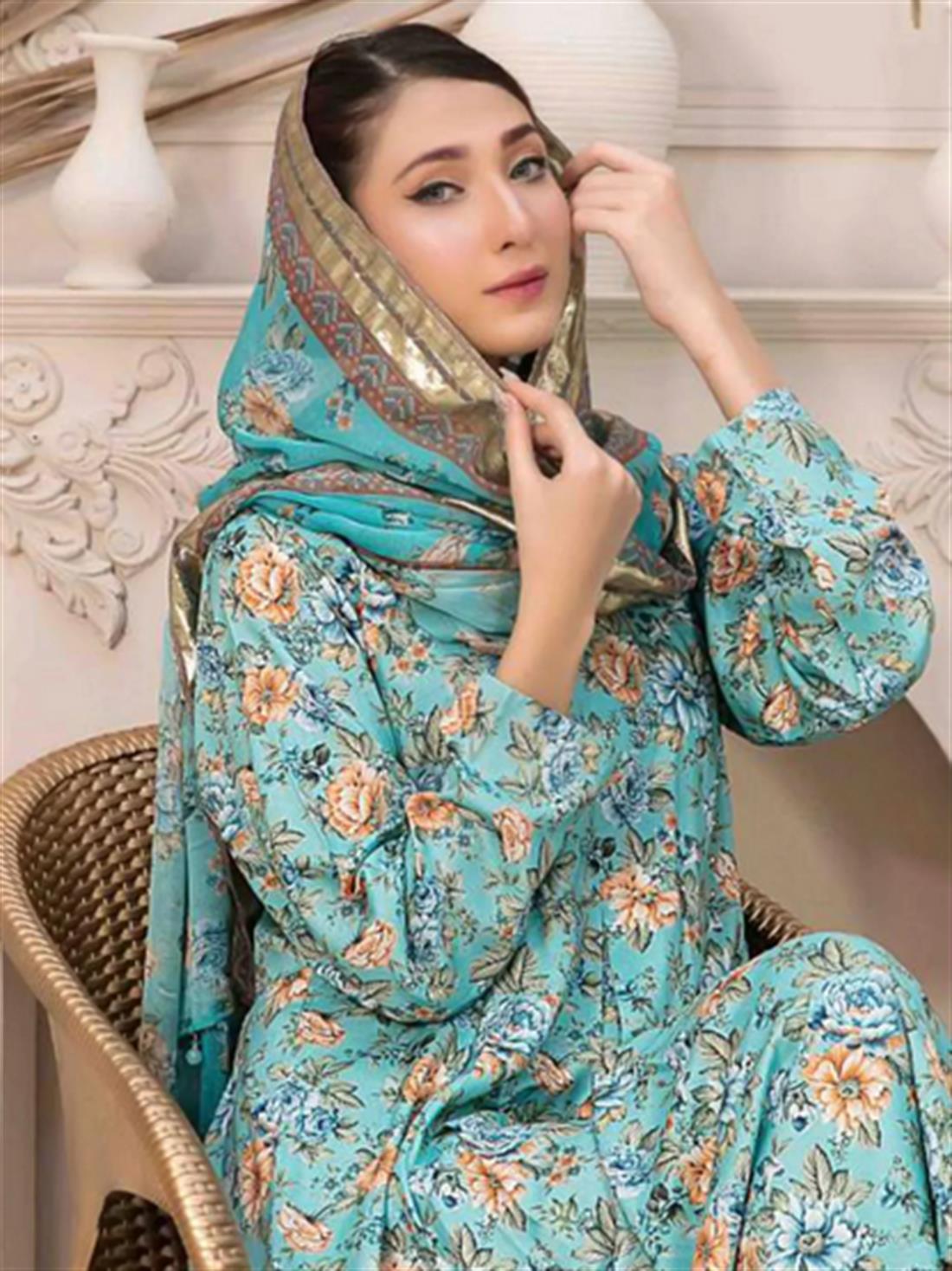 Aqua Blue Digital Print Chiffon Ladies Readymade