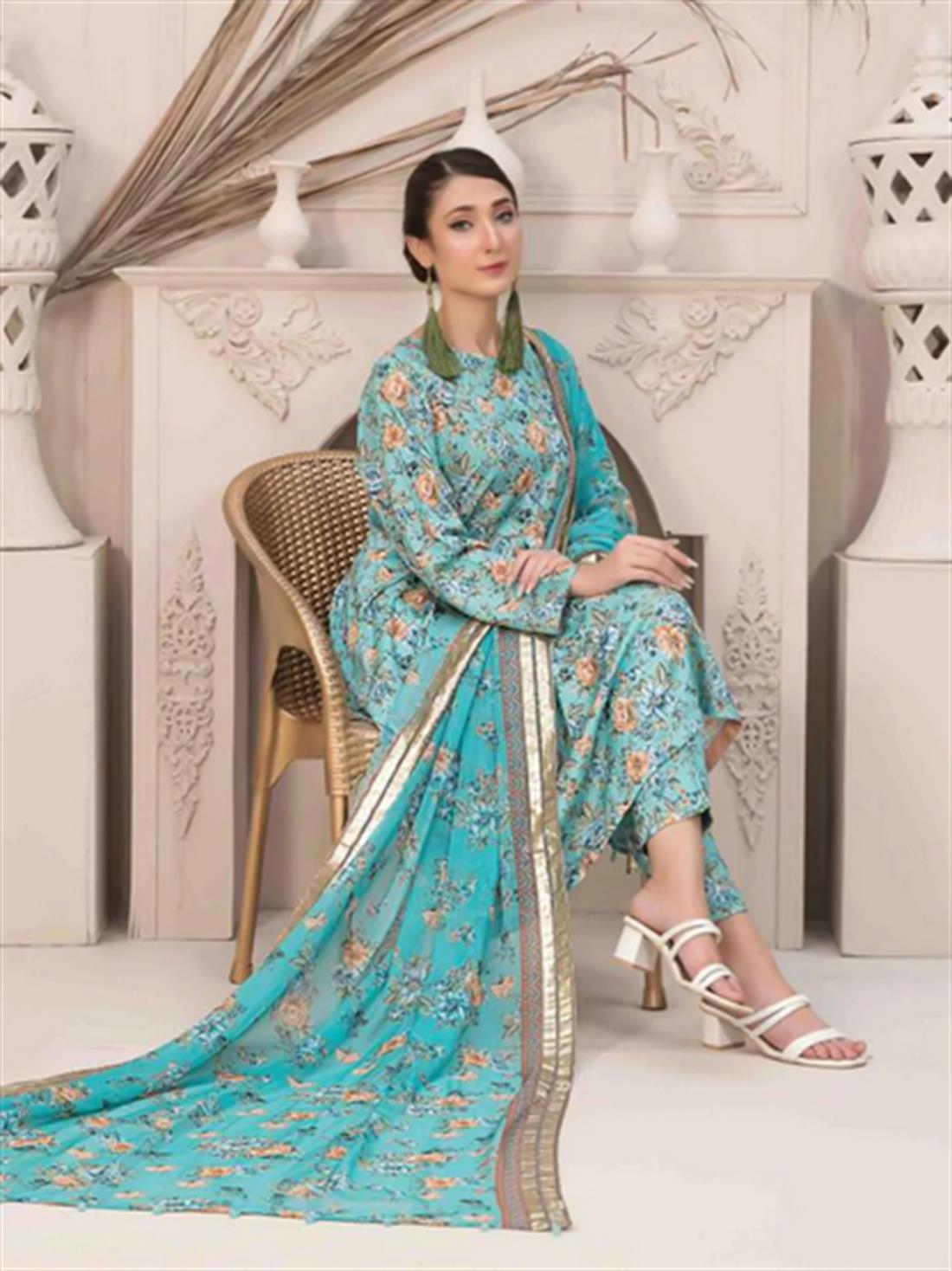 Aqua Blue Digital Print Chiffon Ladies Readymade
