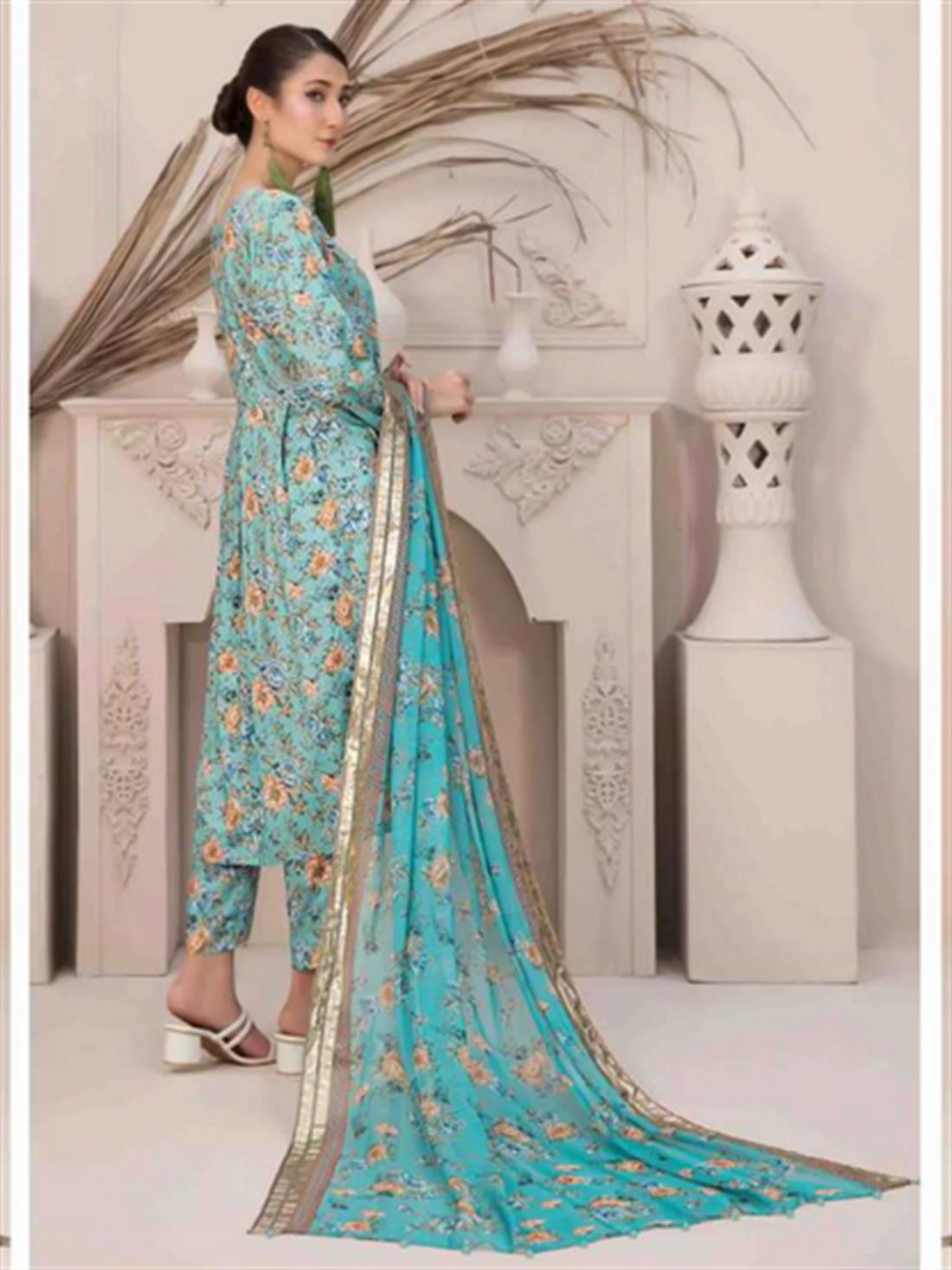 Aqua Blue Digital Print Chiffon Ladies Readymade