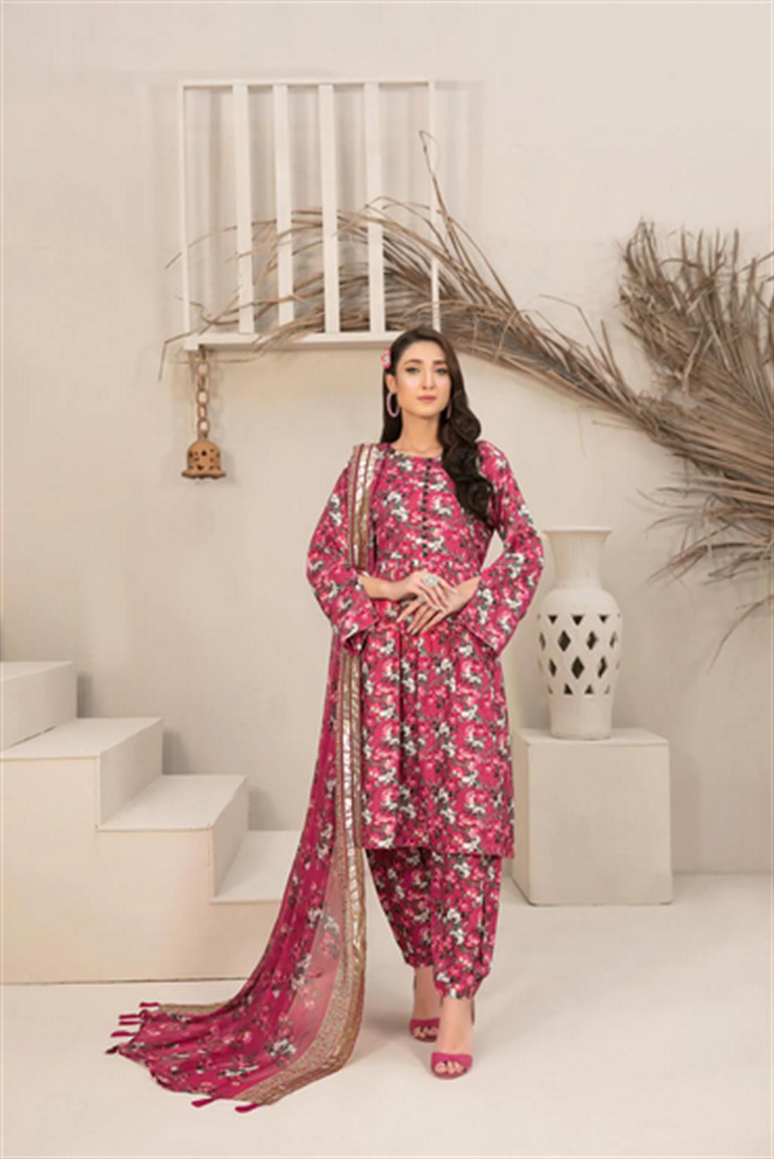 Pink Digital Print Peplum Chiffon Suit with Linen Shalwar and Dupatta