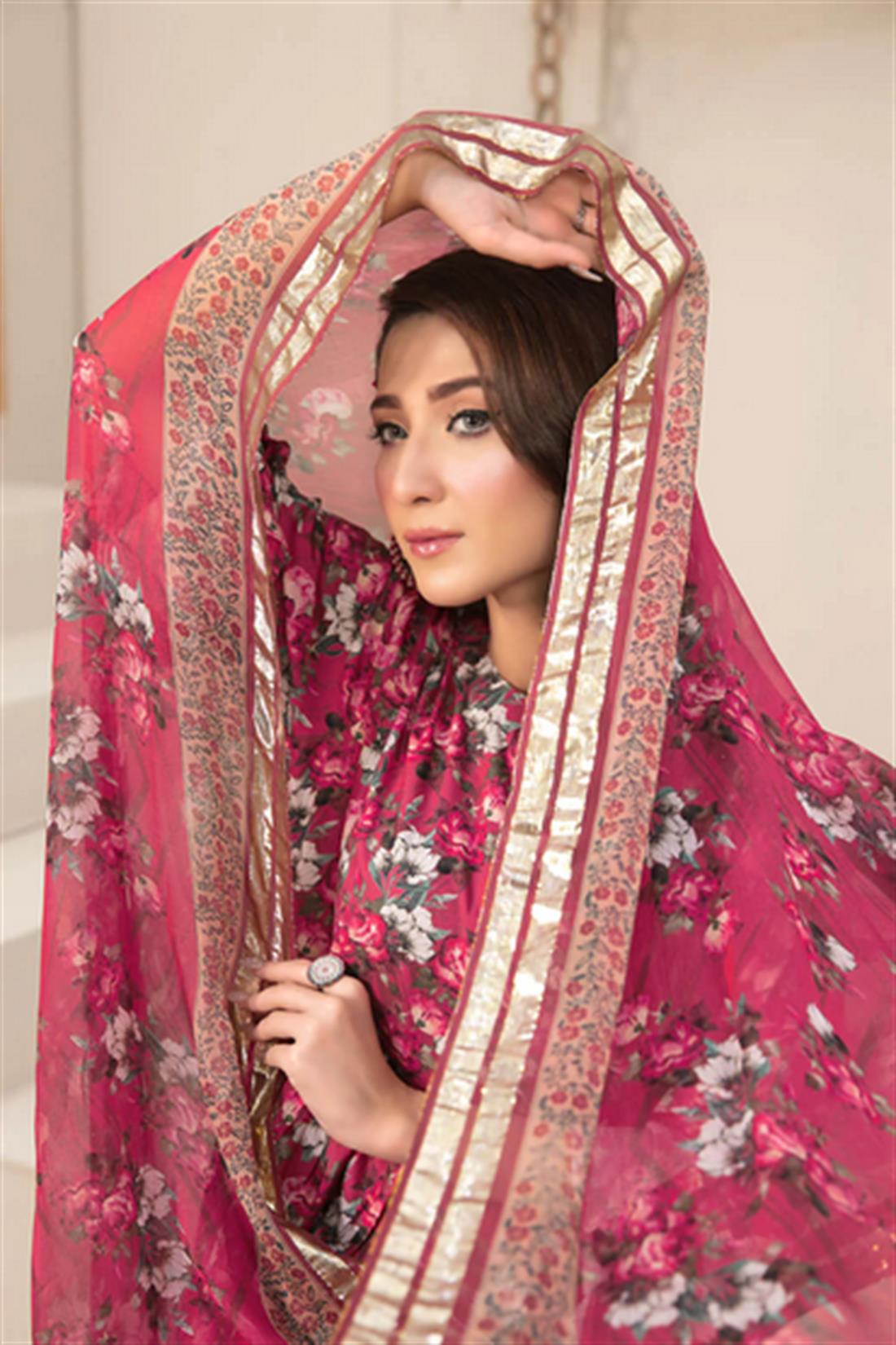 Pink Digital Print Peplum Chiffon Suit with Linen Shalwar and Dupatta