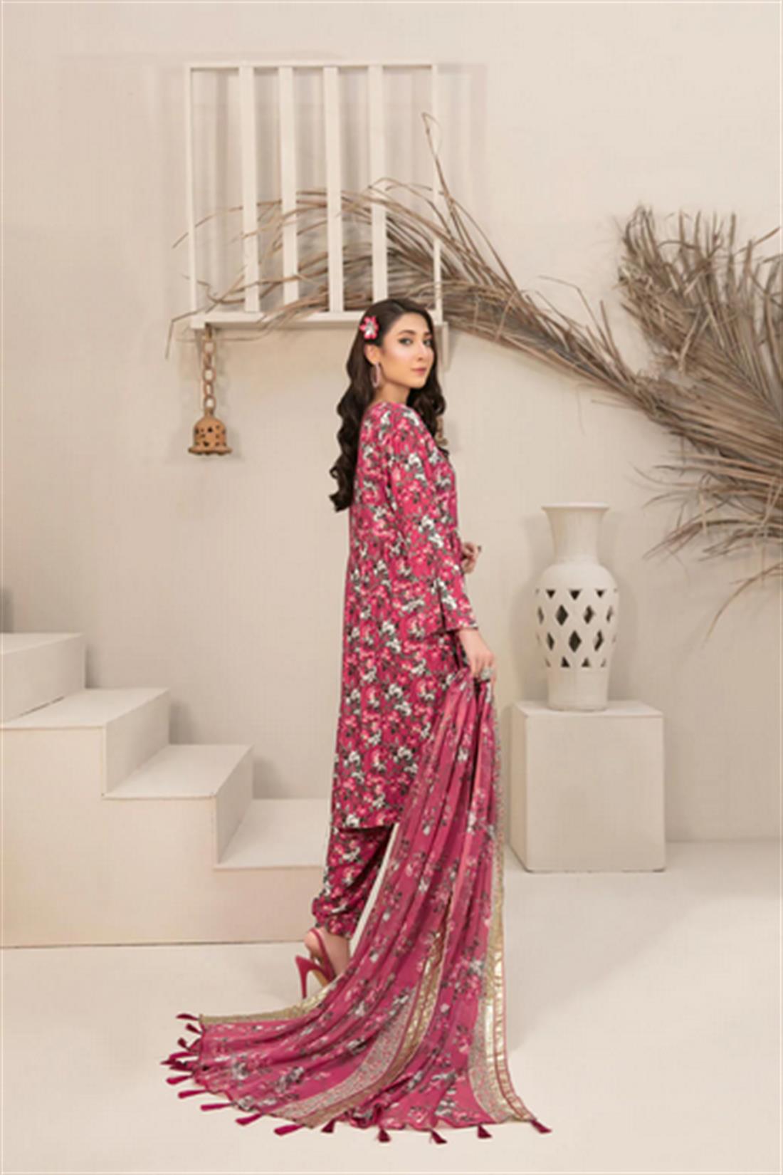Pink Digital Print Peplum Chiffon Suit with Linen Shalwar and Dupatta