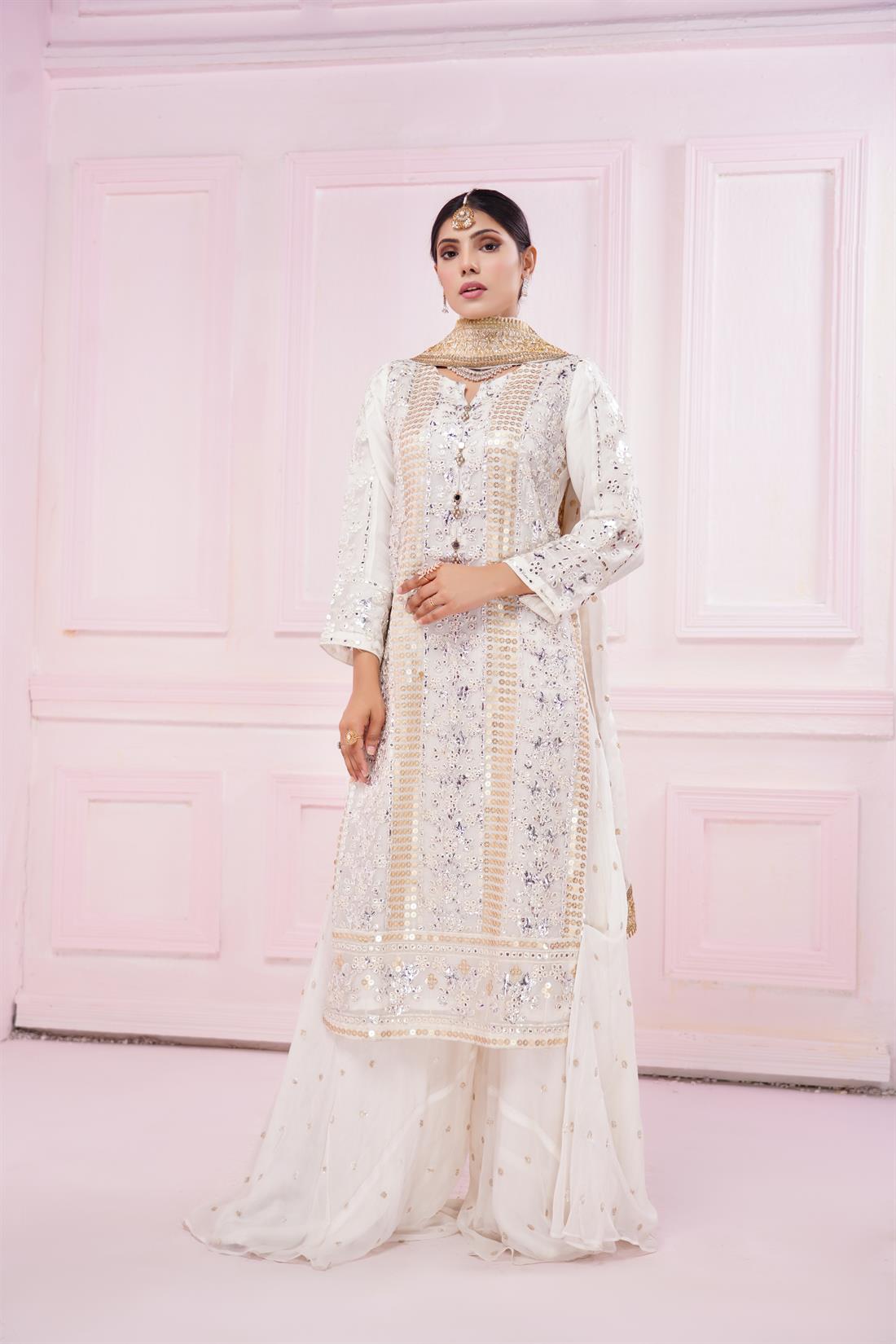Off White Embroidered Stitched 3 Piece Suit