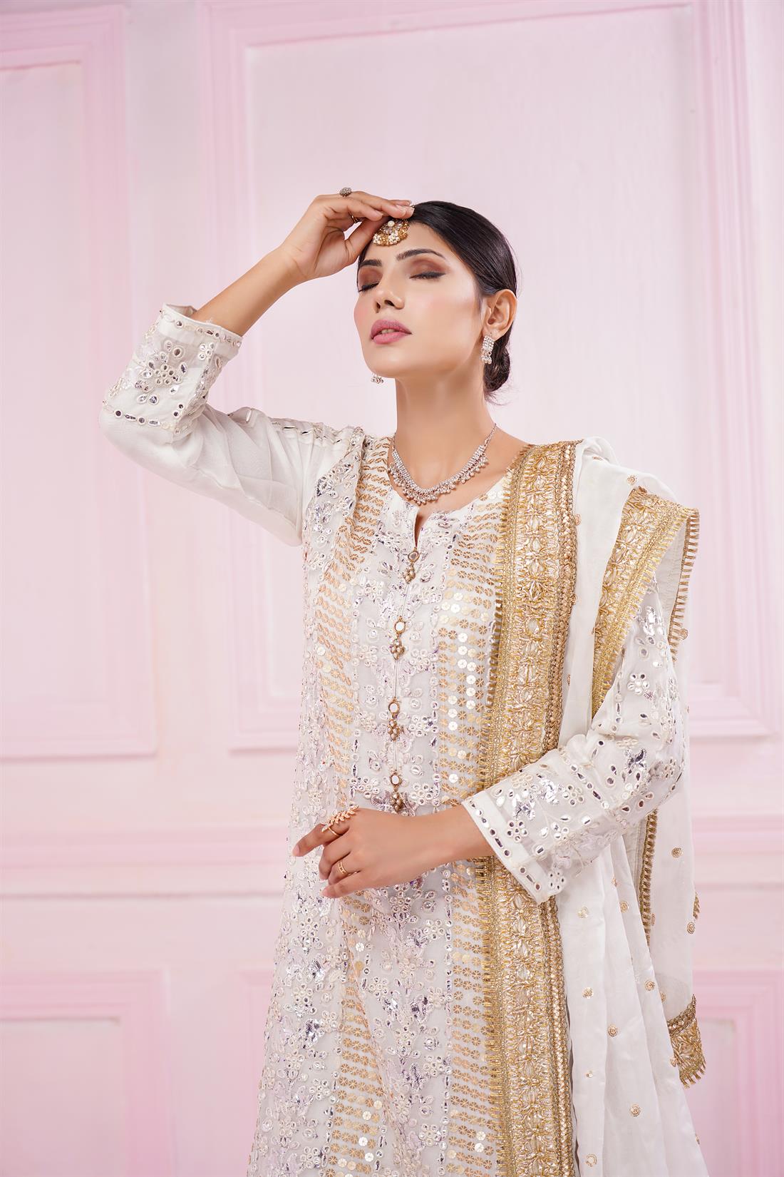 Off White Embroidered Stitched 3 Piece Suit