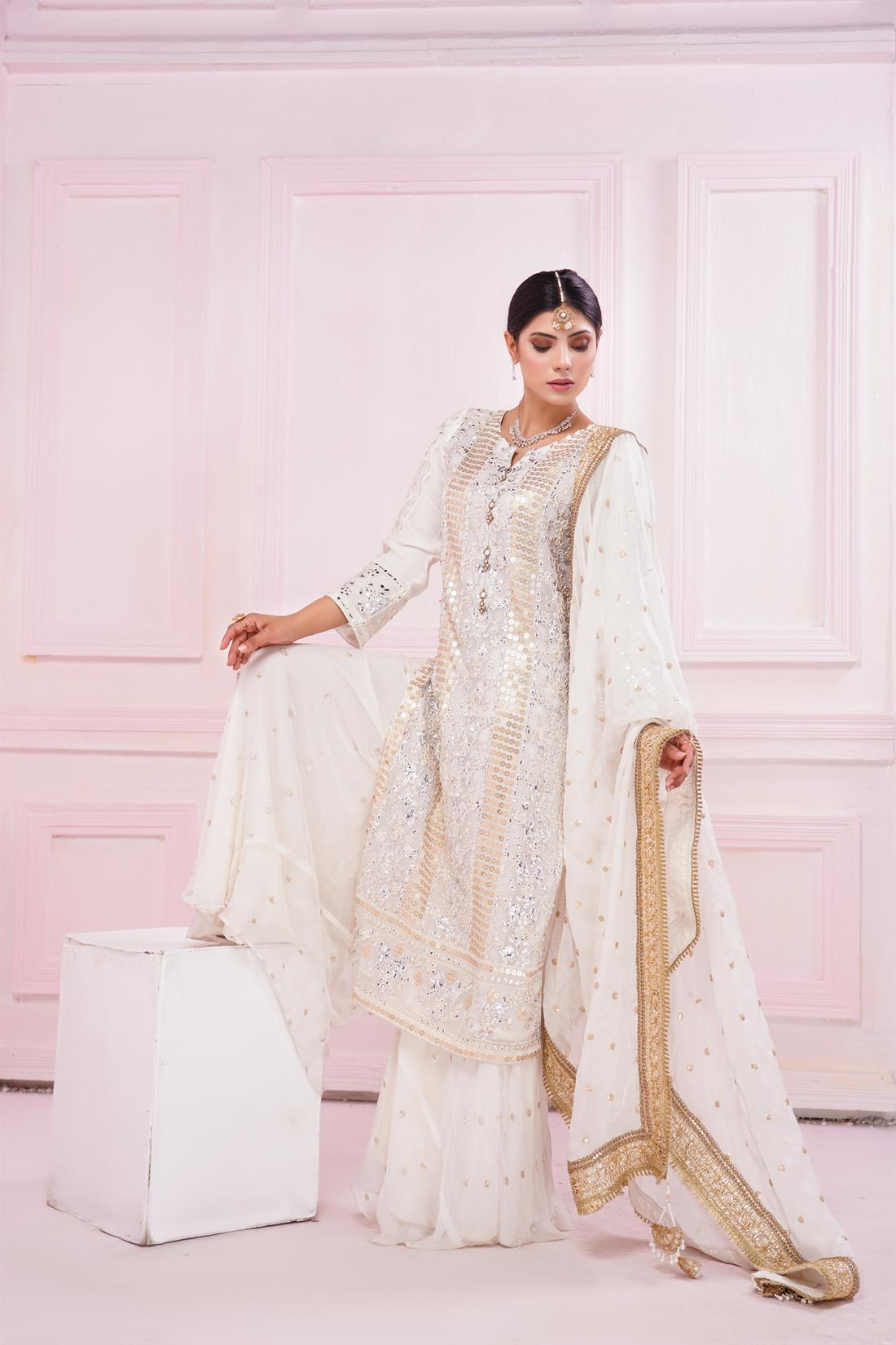 Off White Embroidered Stitched 3 Piece Suit