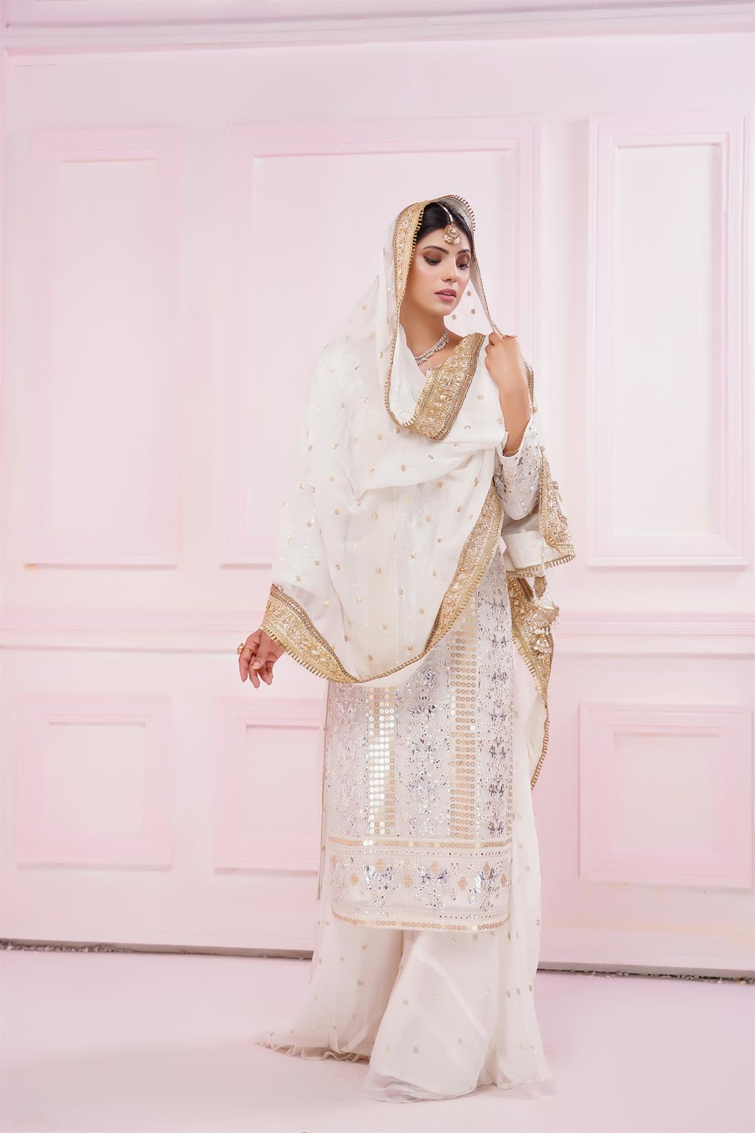Off White Embroidered Stitched 3 Piece Suit