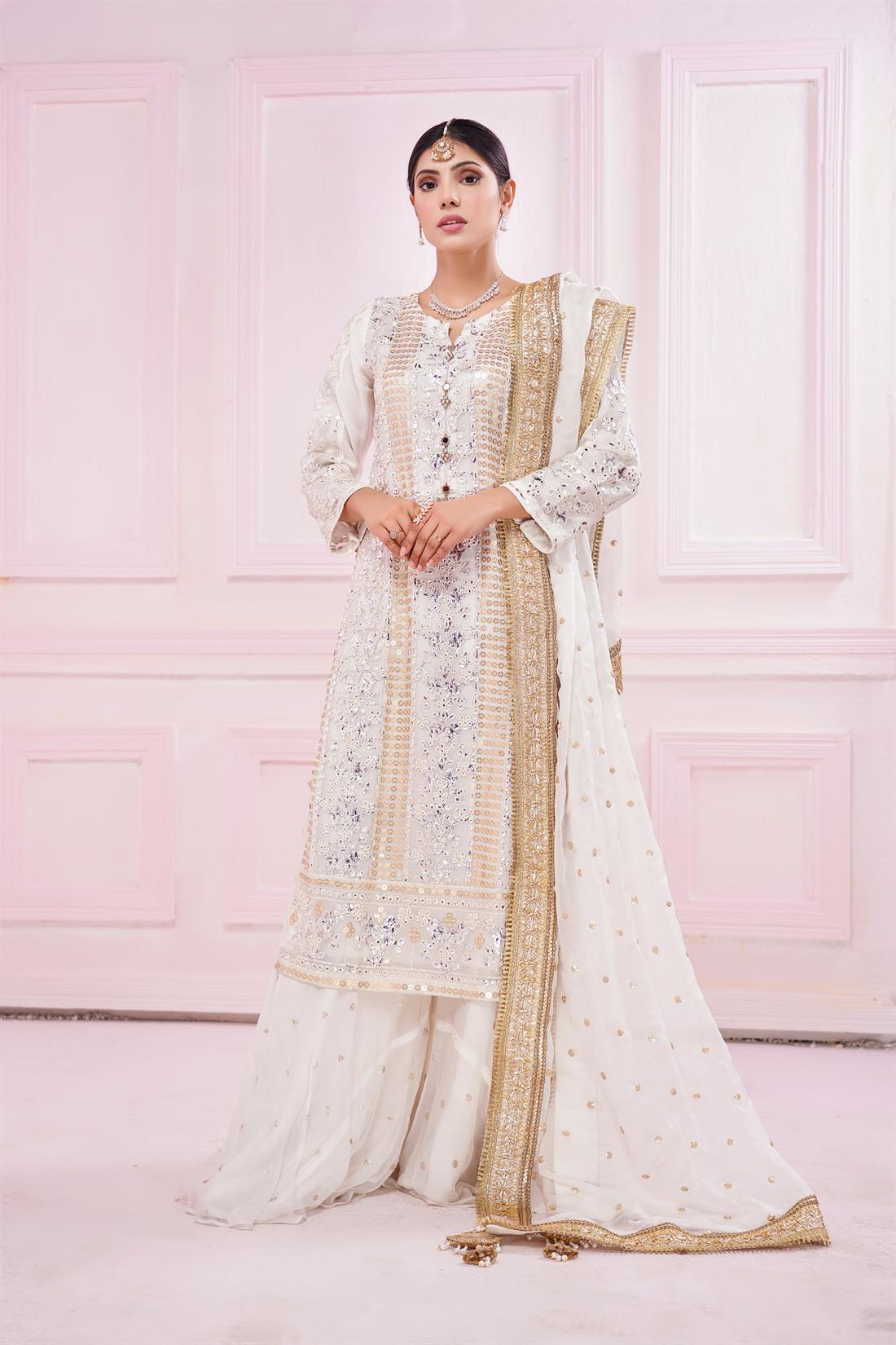 Off White Embroidered Stitched 3 Piece Suit