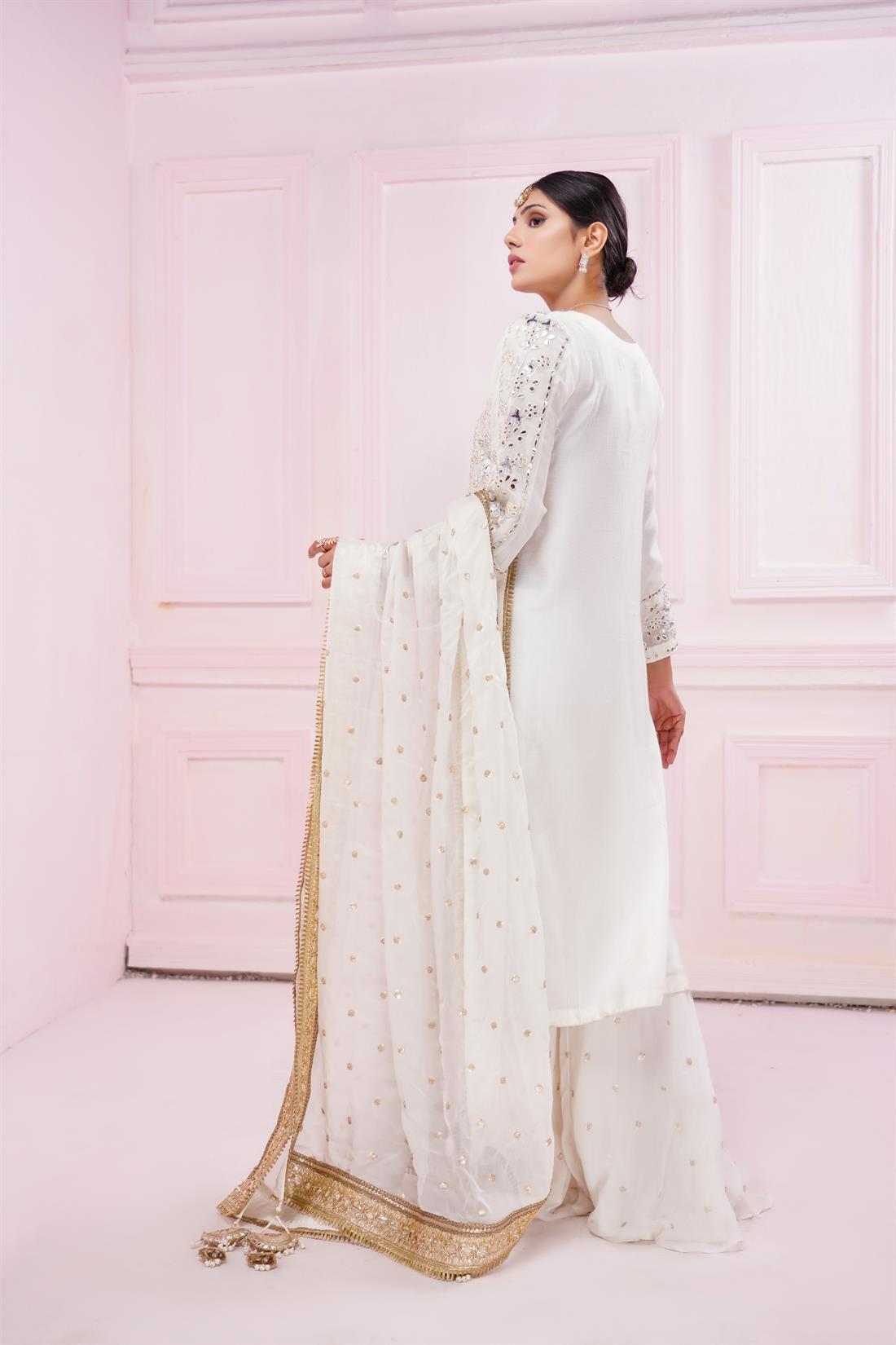 Off White Embroidered Stitched 3 Piece Suit