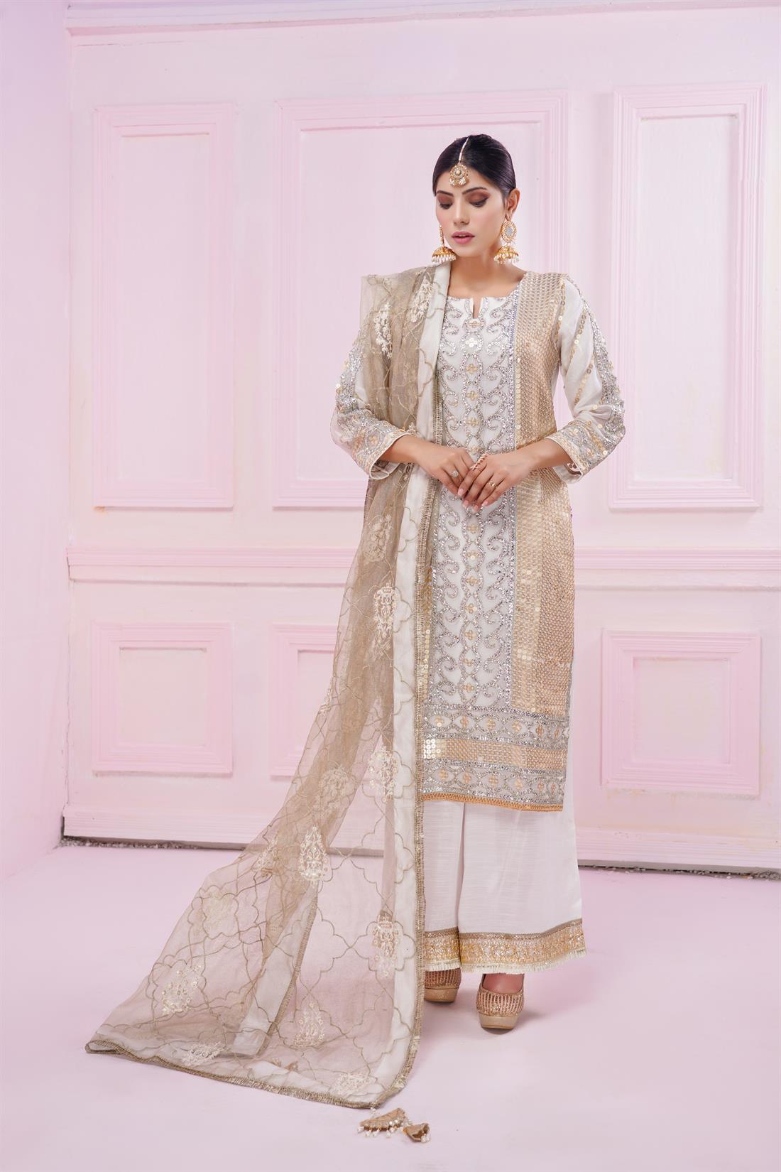 Off White Stunning Embroidered 3-Piece Off-White Suit